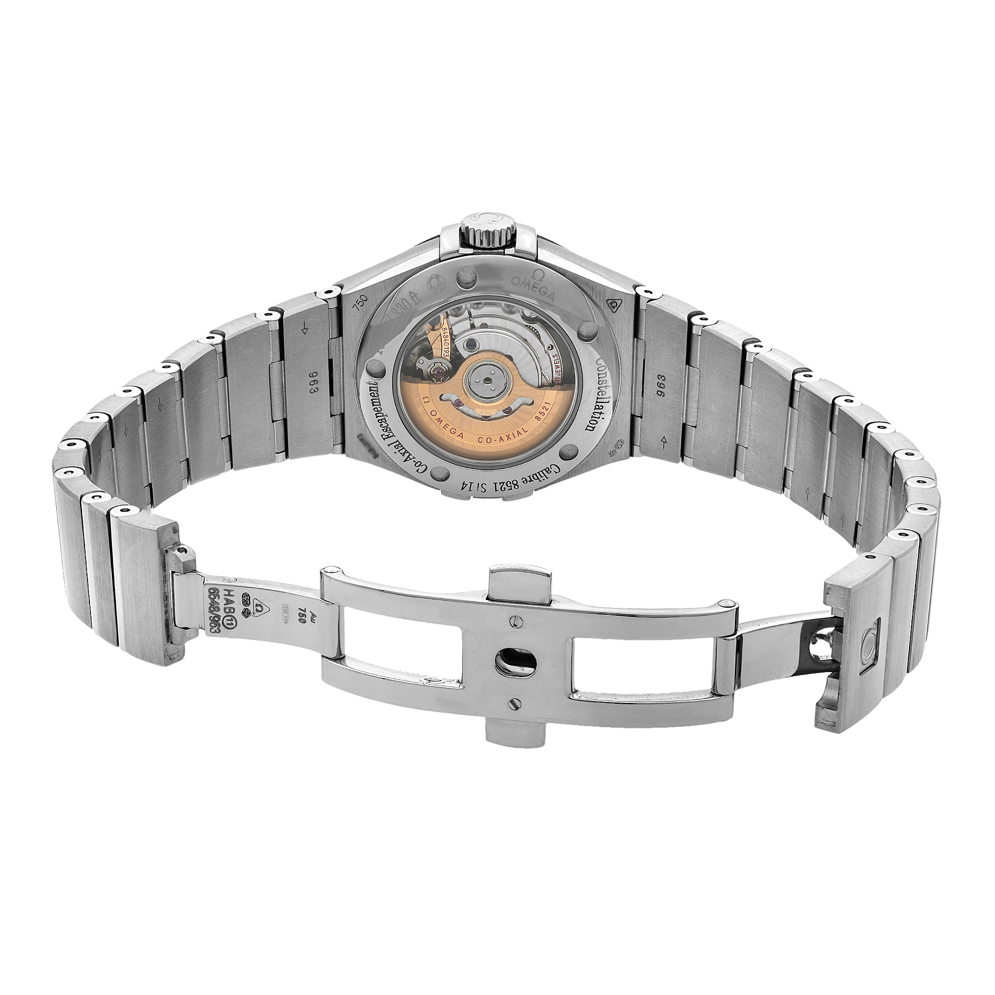 An image of an unworn OMEGA women's wristwatch with a round shape, viewed from the back showing the open clasp mechanism. The watch has a white gold case and band, and the perspective is a close-up, centered on the watch's back with the clasp in the foreground, angled slightly to reveal its design and construction. The watch's internal mechanism is partially visible through a transparent case back.