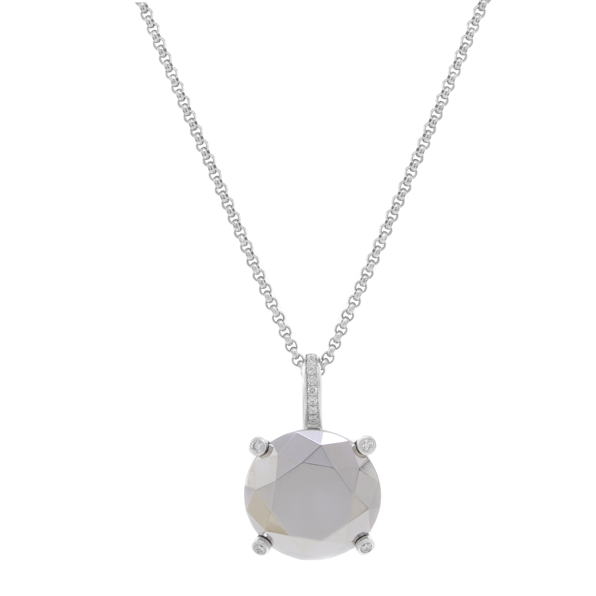 An image of a Chopard golden diamonds 18k white gold necklace designed for women, featuring a central round chrome stone gemstone pendant set in a delicate prong setting. The pendant is adorned with small diamonds along the top loop and diamond studded 4 prongs. The necklace is displayed at a straight angle, closely focused to highlight the intricate details of the pendant and chain, centered against a plain background. Excellent pre-owned condition. 