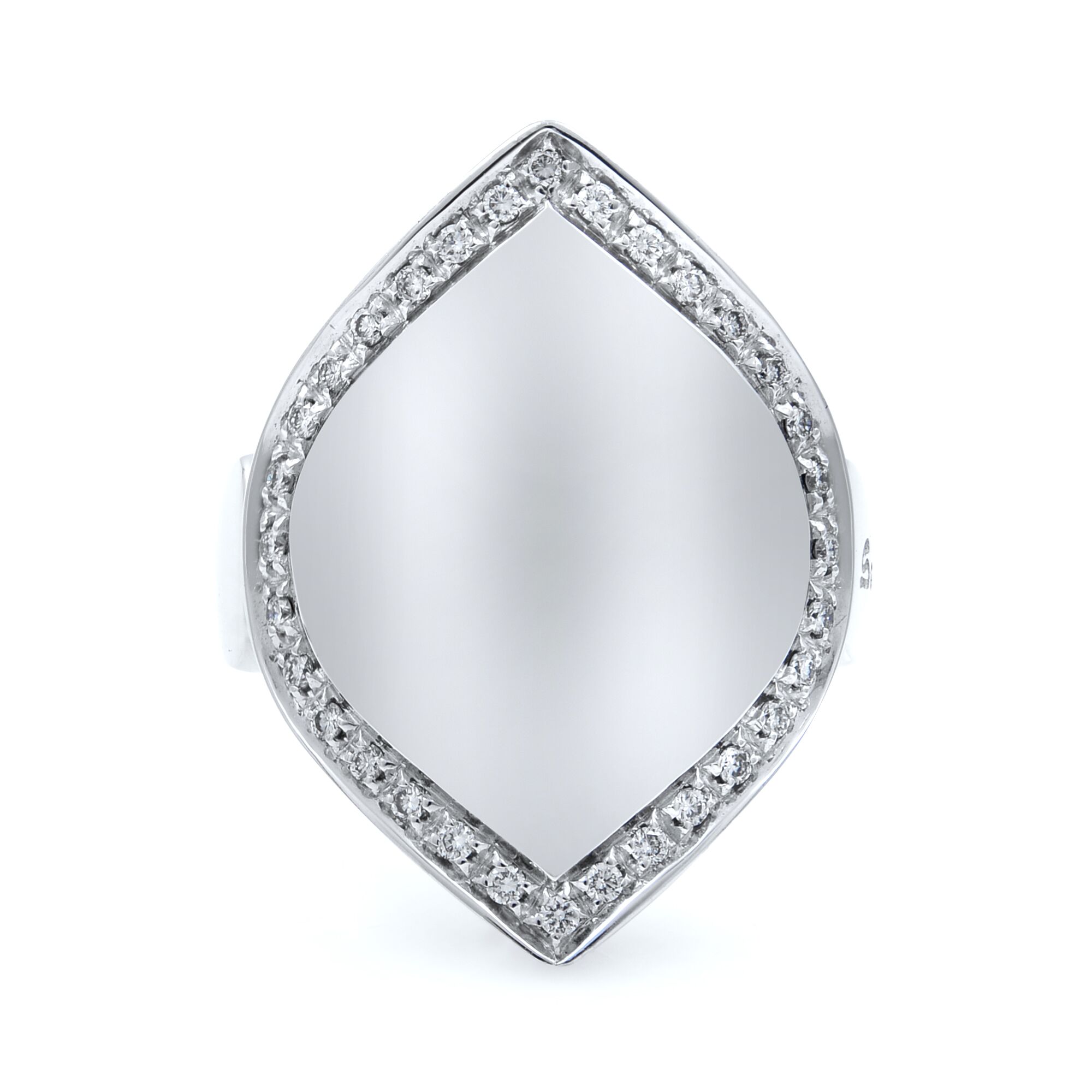 An image of a Salvini brand women's cocktail 18k white gold ring with diamonds, presented in a close-up front view. The ring features a large, centrally positioned, kite-shaped bezel set with multiple sparkling diamonds along its perimeter. The ring is angled slightly to the left, giving a three-dimensional perspective that highlights the stones' brilliance against the white background. The image is taken from a medium distance, ensuring the entire ring is in focus and capturing the exquisite details of the diamond setting.