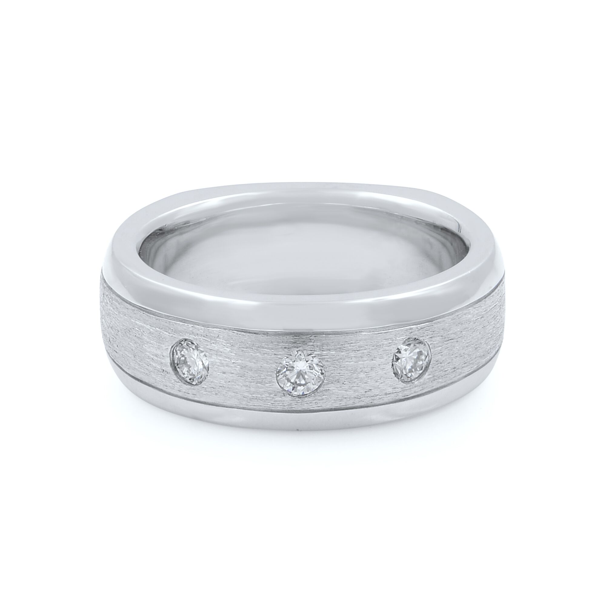 An image of a unisex adult wedding ring by Rachel Koen, featuring a brushed 14k white gold band with a bright polish at the edges. Three round-cut diamonds are equidistantly set across the center, catching the light. The ring is photographed at a slight angle, highlighting the shimmering diamonds and the contrast between the brushed and polished surfaces. The image is a close-up, providing a clear view of the ring's texture and design.