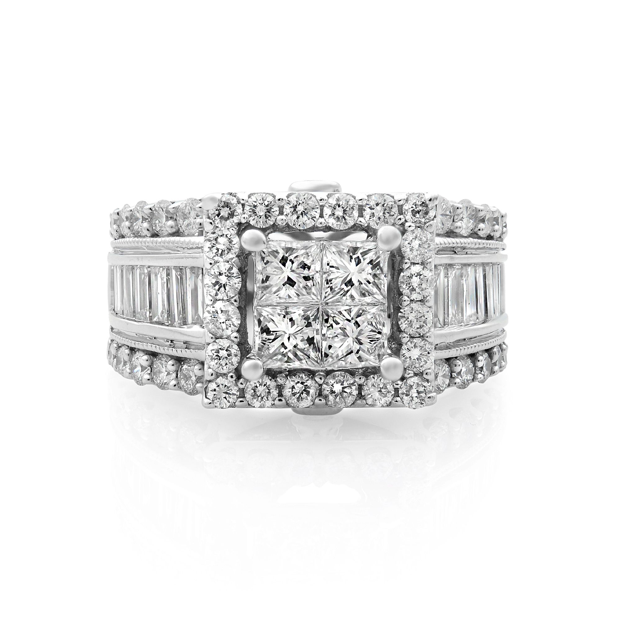 An image of a Rachel Koen women's engagement white gold ring with diamonds. The ring is presented in a frontal view with a slight angle to show depth, positioned centrally. It features a prominent princess-cut diamond in the center, surrounded by round-cut diamonds, with baguette-cut diamonds on both sides. The setting is designed to maximize sparkle, with diamonds encrusting the entire visible surface. The photo is taken from a close distance, providing a clear view of the ring's intricate details and the stones' brilliance.