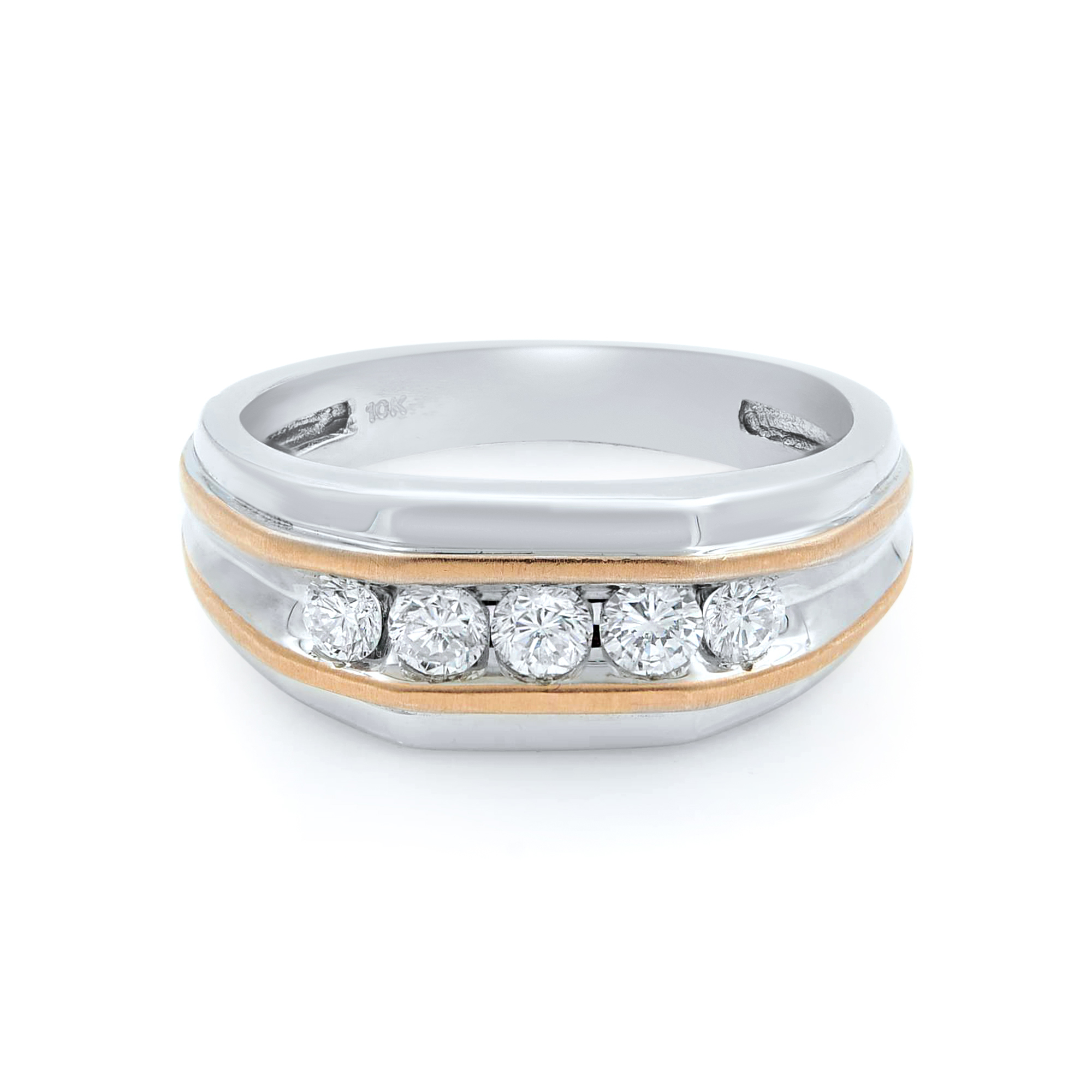 An image of a Rachel Koen men's wedding band with diamonds, captured from a top-front angle to highlight the design details. The ring, positioned centrally in the frame, features a white gold band with a yellow gold stripe running through the middle, where five round-cut diamonds are bezel-set in a line. The image is taken from a close distance to showcase the shine and facets of the diamonds.