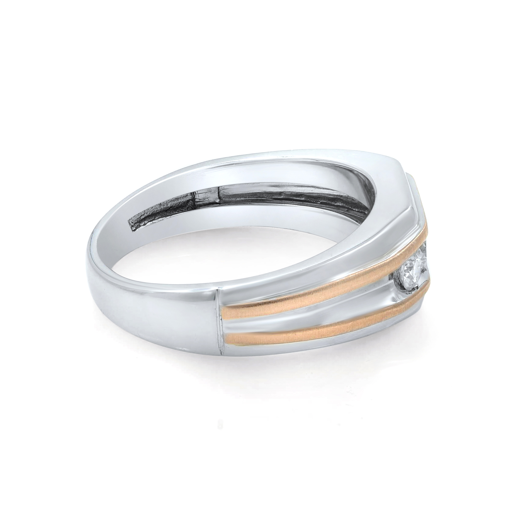 An image of a Rachel Koen brand wedding band for men, featuring diamonds. The ring is displayed at a slight angle, showcasing a side view that highlights its unique design. A single diamond is set near the ring's top edge, which is captured at a close distance, providing a clear view of the white gold polished finish and the contrast between the white gold and yellow gold tones.