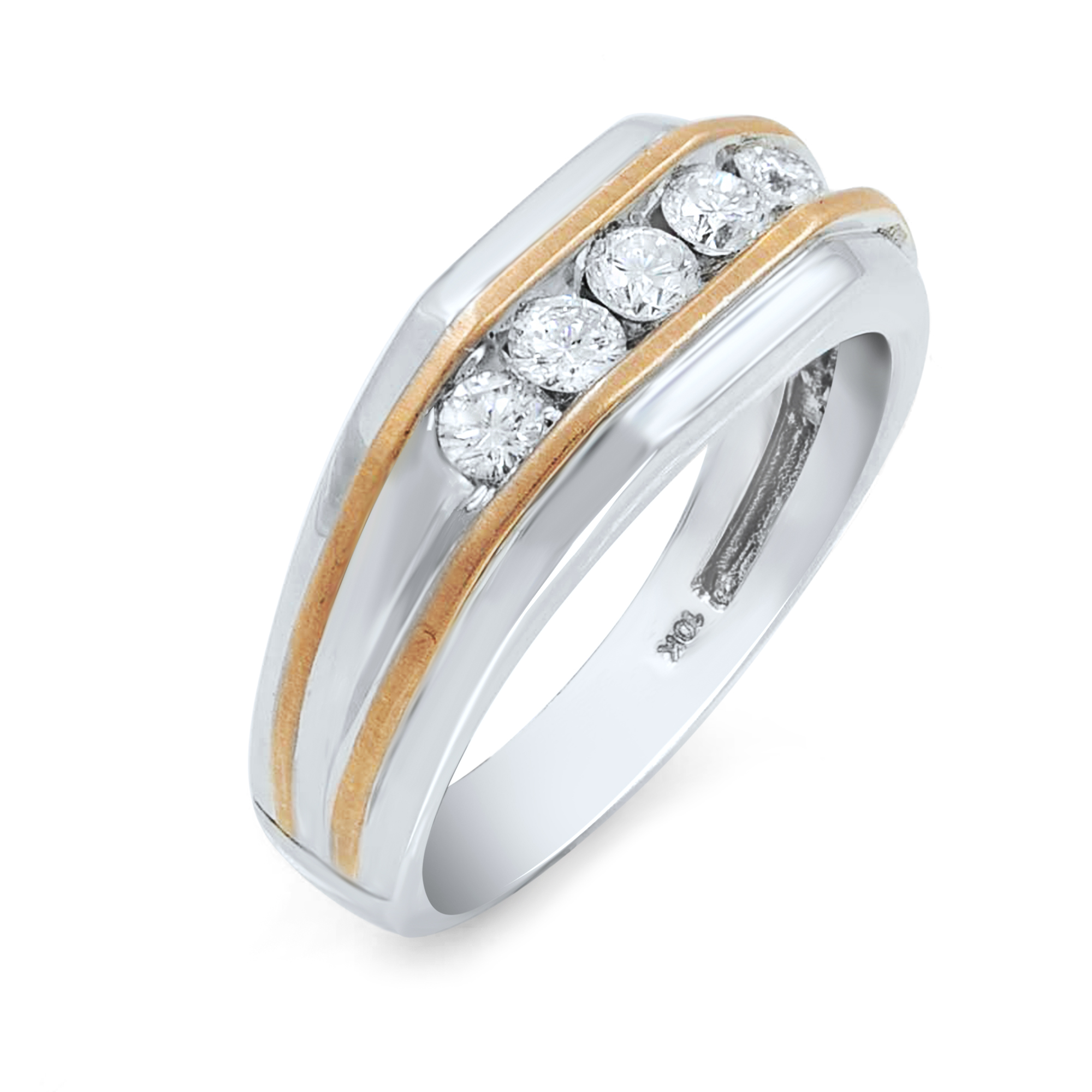 An image of a Rachel Koen men's wedding band with diamonds, displayed in a close-up view at a slight angle to show the design details. The ring features a central band of sparkling round-cut diamonds set between two polished bands, one white gold and the other with a yellow gold-tone, creating a layered effect. The craftsmanship is visible with a clear focus on the diamonds and the contrasting metal colors. The brand's hallmark is subtly visible on the lower inner band, indicating authenticity.