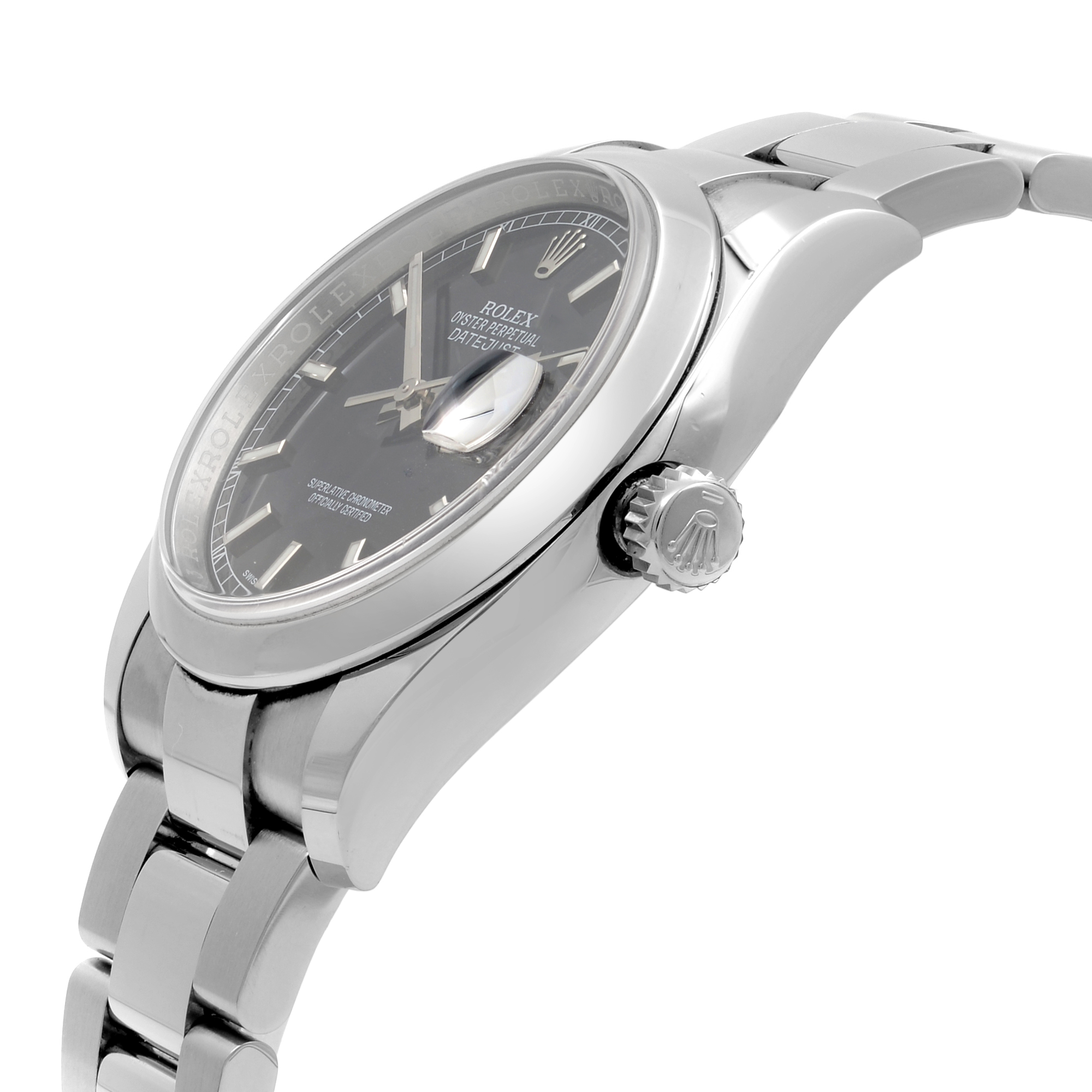 An image of a pre-owned wristwatch captured from a side profile view. The focus is on the crown, which is prominently visible. The angle highlights the sleek design of the watch's case and band. The watch face is slightly tilted, providing a glimpse of the dial details. The photo is taken at a close distance, emphasizing the polished metal finish and craftsmanship.