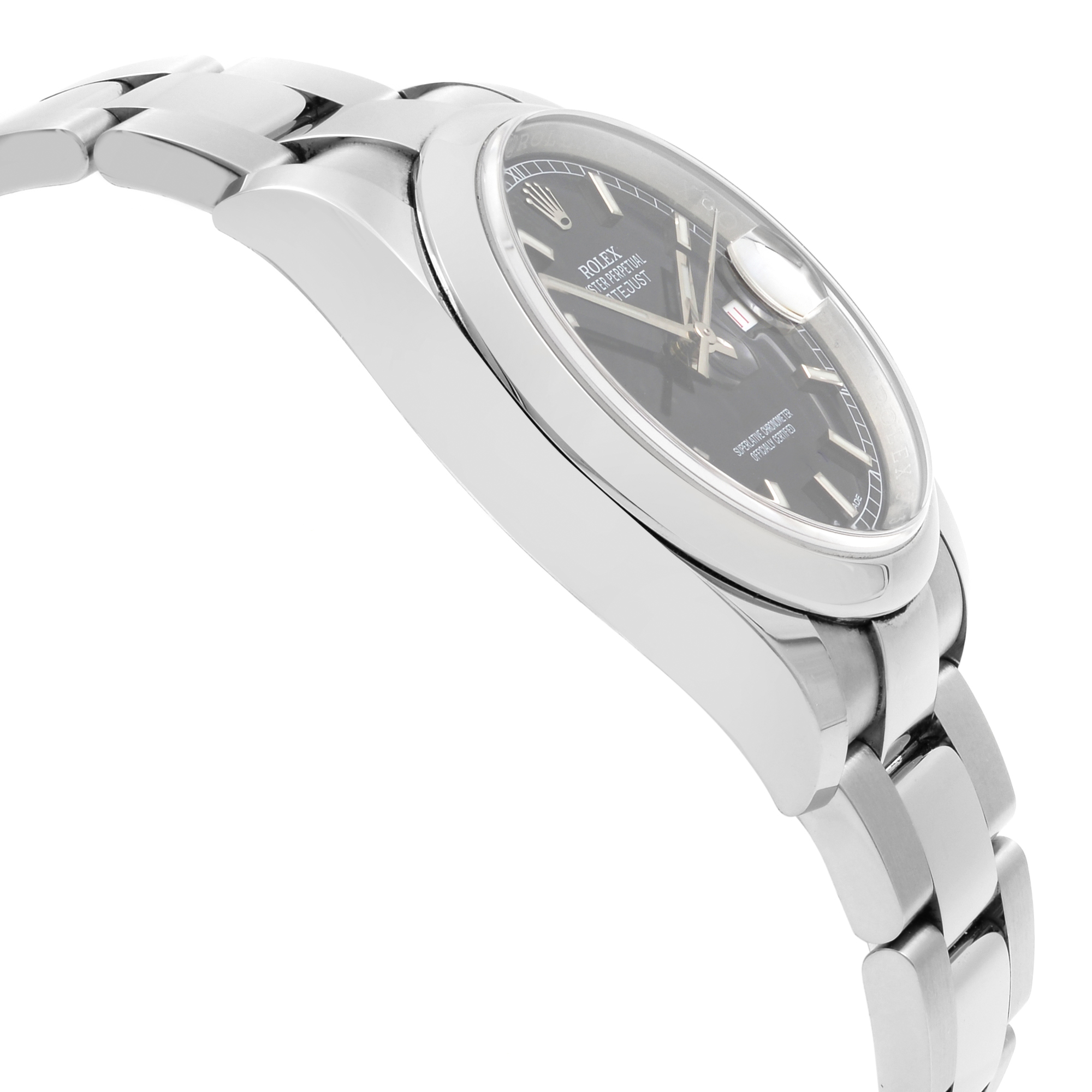 An image of a pre-owned wristwatch shown from a side profile view, opposite the crown. The watch features a sleek metal bracelet and a dark dial, with visible hour markers and hands. The angle showcases the watch's thickness and polished finish, highlighting its craftsmanship from a close distance.