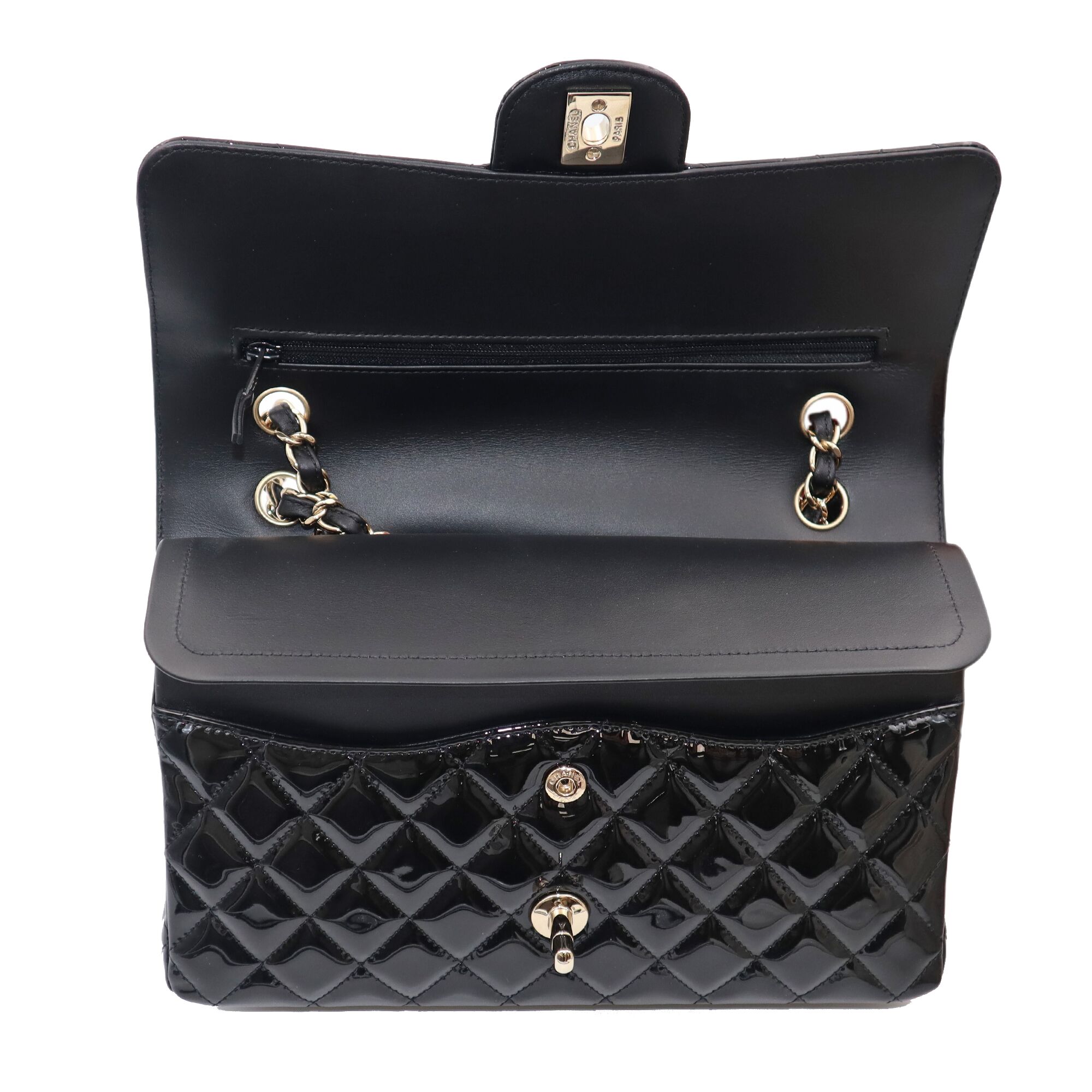 chanel patent quilted bag
