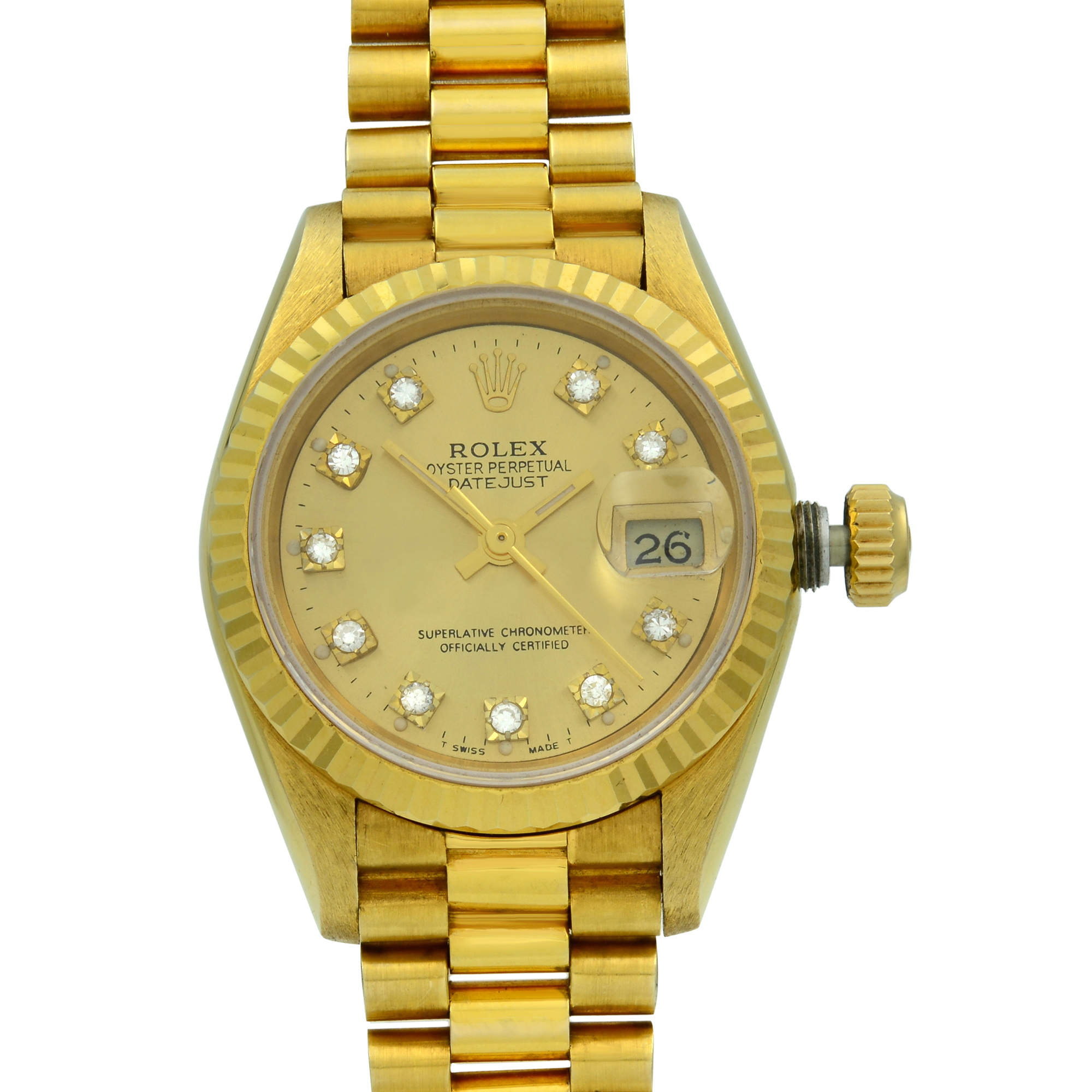 ladies 18k gold rolex datejust president diamond watch