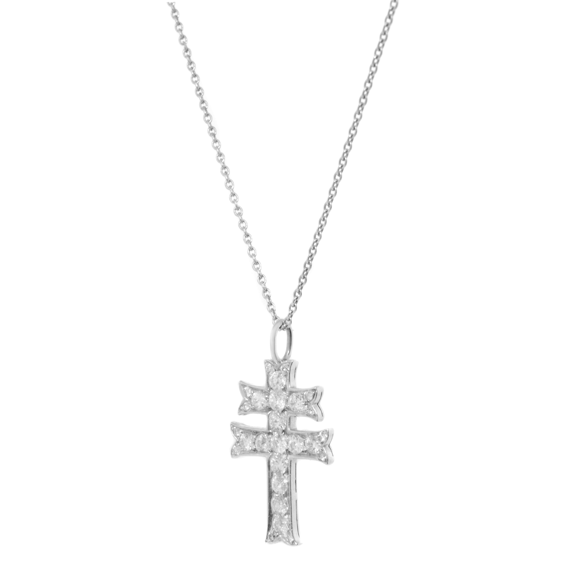 An image of a women's necklace by Rachel Koen, featuring a diamond-studded cross pendant. The necklace is positioned centrally against a plain white background, captured from a straight-on angle at a close distance, highlighting the intricate details of the diamonds and the fine chain.Excellent pre-owned condition. 