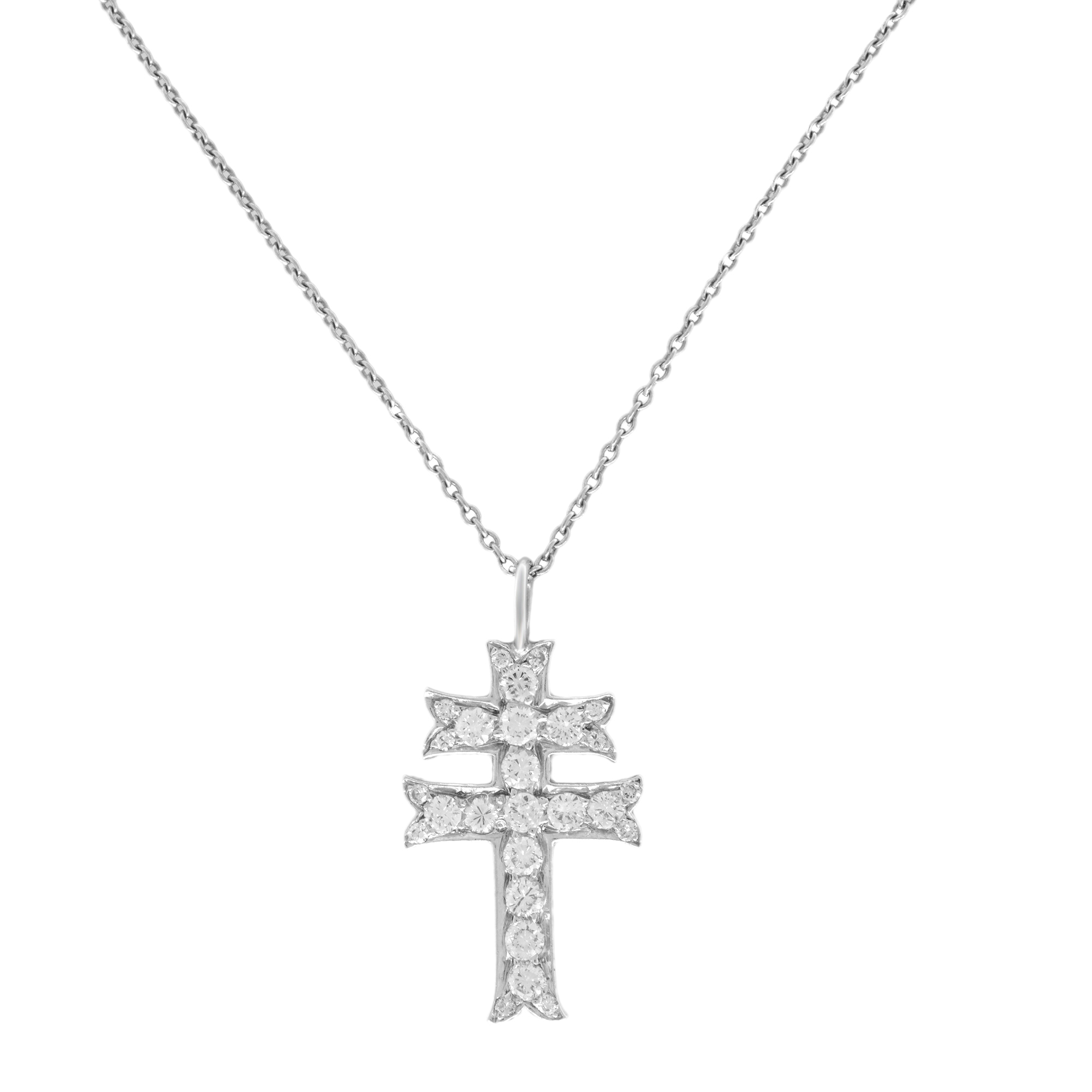 An image of a women's necklace featuring a diamond-studded cross pendant. The necklace is centered and displayed at a straight-on angle, showcasing the intricate detailing of the diamonds. The image is taken at a close distance, highlighting the sparkle and arrangement of the stones on the pendant. The chain is delicate and adds elegance to the overall design.Excellent pre-owned condition. 
