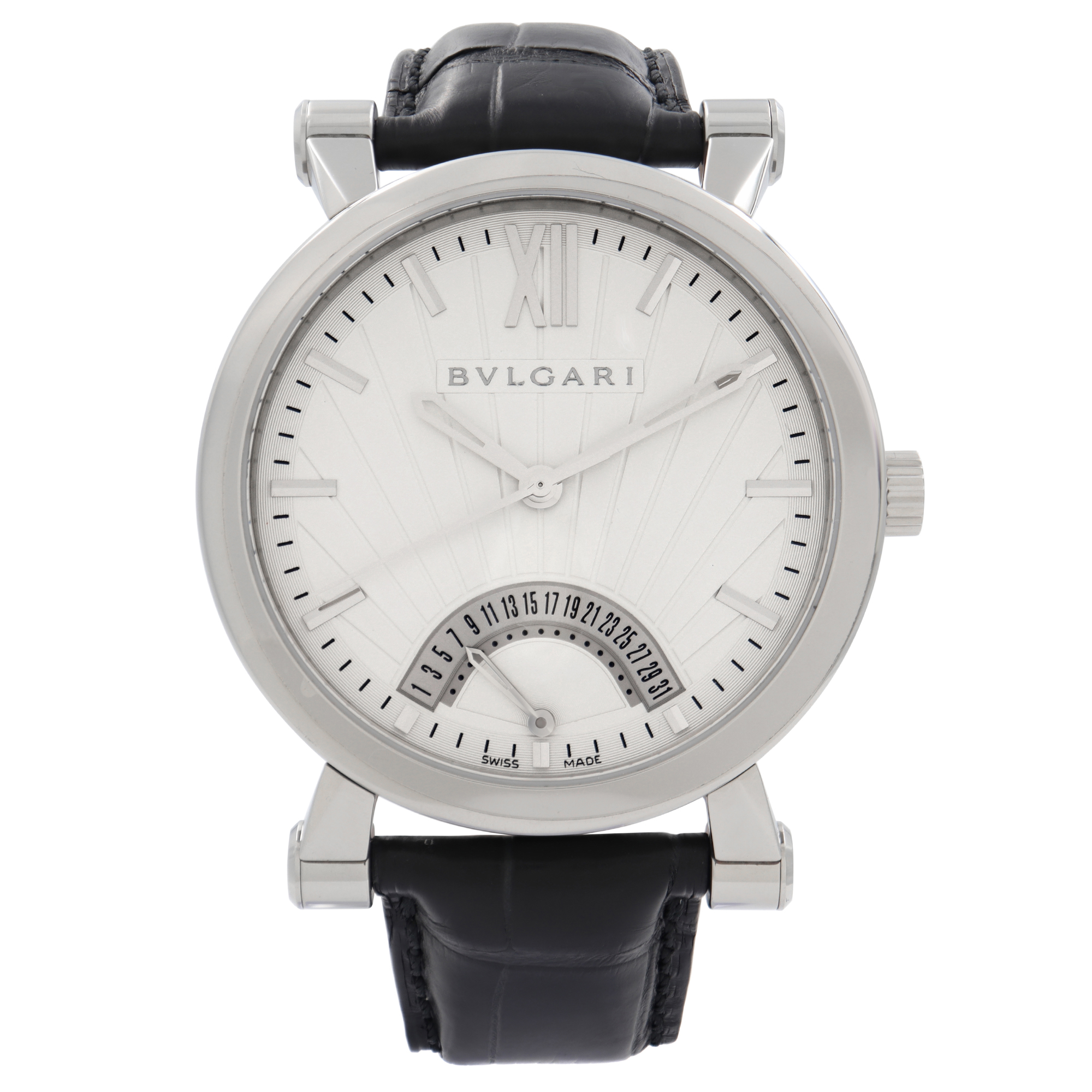 An image of a Wristwatch by Bvlgari. This Display Model item is designed for Men, featuring a Casual,Dress/Formal style. It has a Mechanical (Automatic) movement and an Analog display with a White dial color. The indices include 12-Hour Dial,Multi Dial,Non-Numeric Hour Marks. The band is made of Leather and the case is made of Stainless Steel. The watch has a Round shape with a case size of 42 mm and a case thickness of 11 mm.