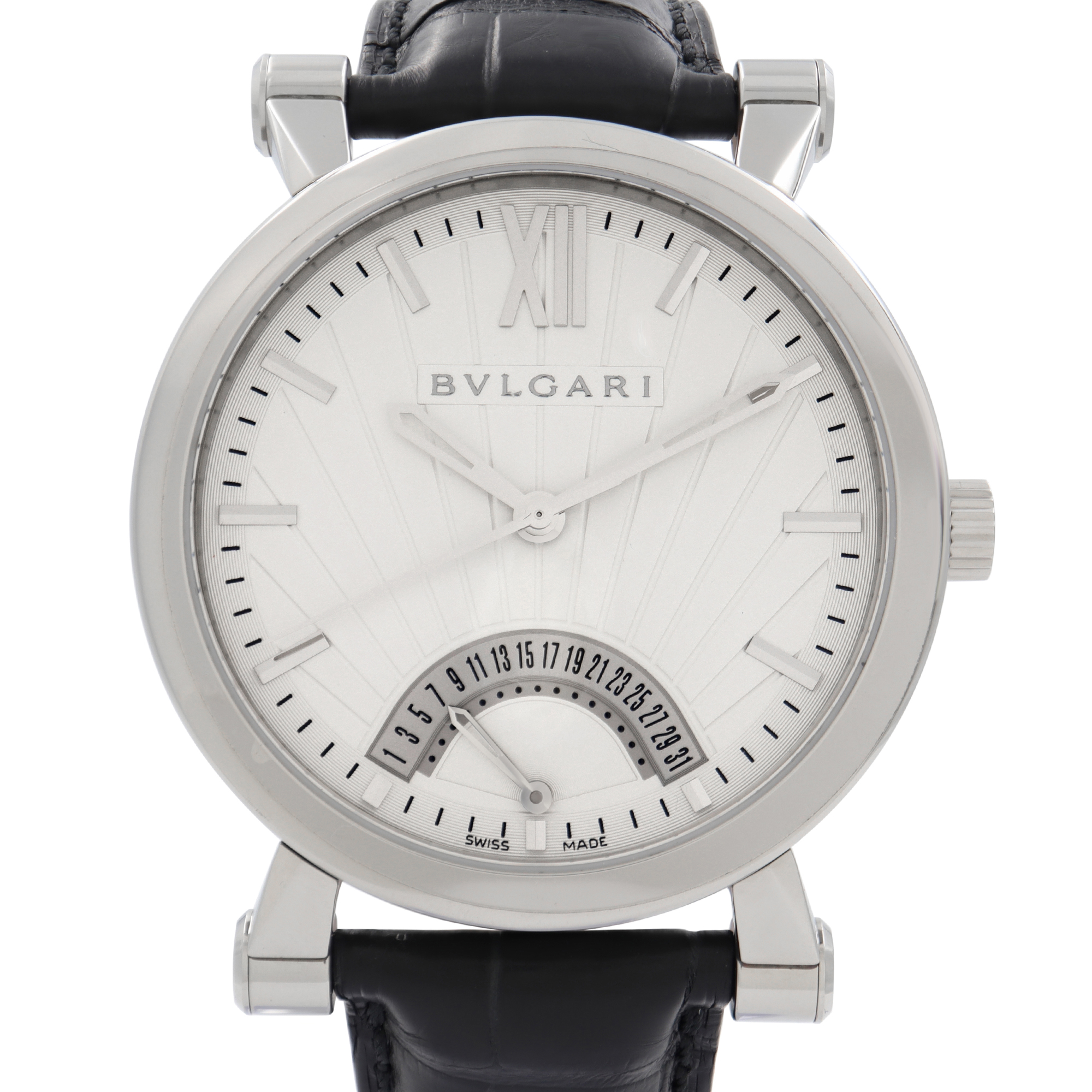 An image of a wristwatch taken from a front close-up angle, showcasing the watch face in detail. The watch features a silver-toned dial with linear markers and Roman numeral XII at the top. The brand name "Bvlgari" is displayed prominently below the numeral. A date subdial is positioned at the bottom center. The watch has a black leather strap, and the image highlights the sleek and polished design, typical of a display model.