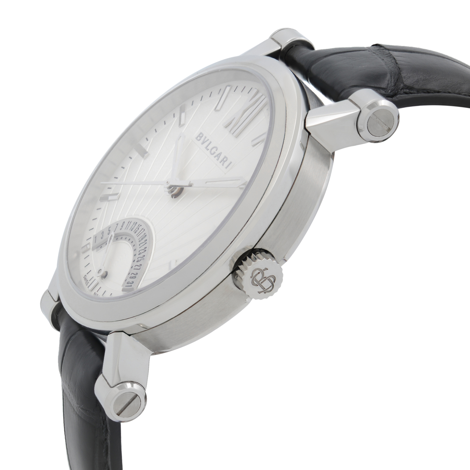 An image of a wristwatch displayed from a side profile view, showcasing the crown prominently. The watch features a sleek stainless steel case with a black leather strap. The dial is light-colored with subtle markers and detailing. The watch is positioned at a slight angle, highlighting its elegant design as a display model.