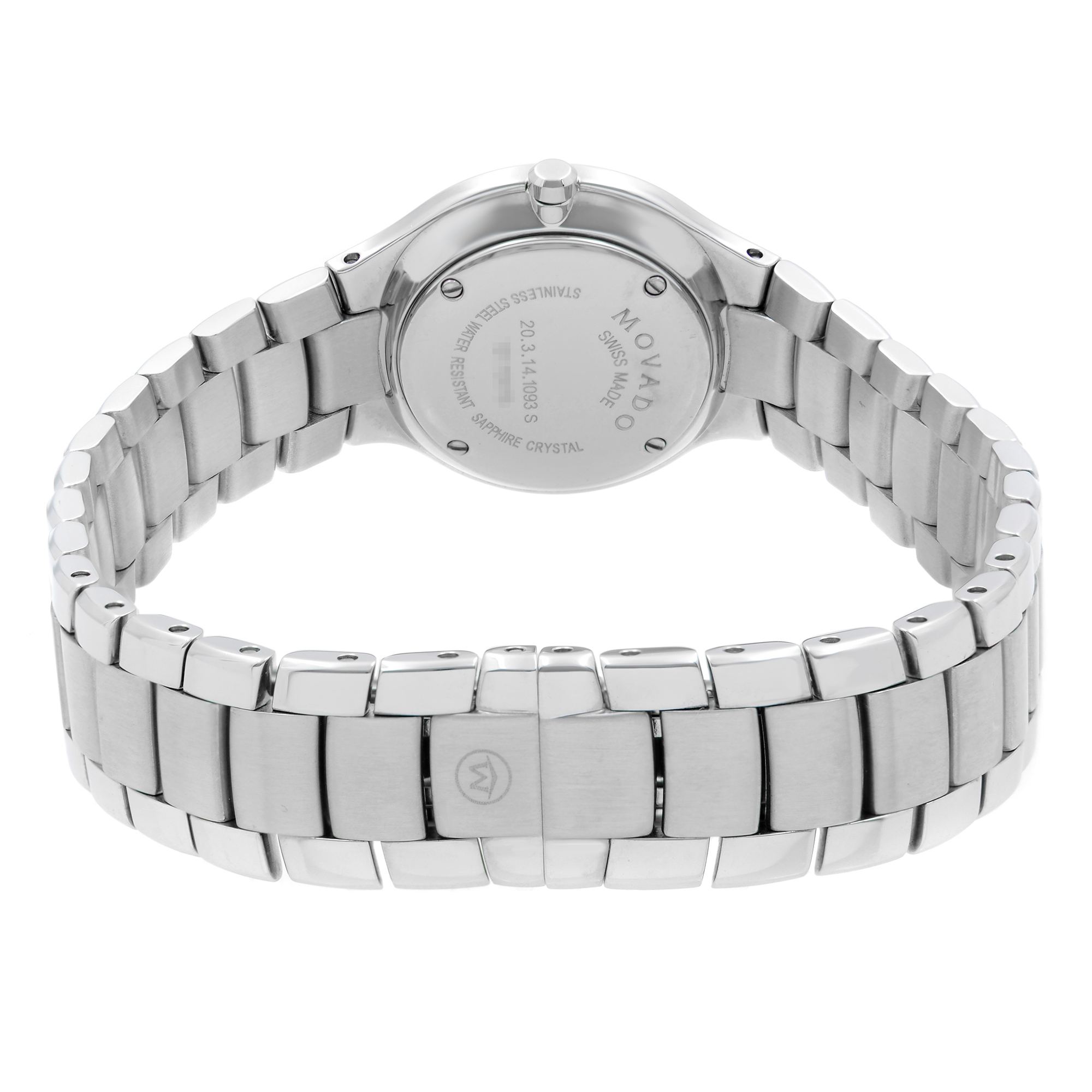 An image of an unworn Movado women's wristwatch, showcasing the back view with the clasp closed. The watch is composed of stainless steel, featuring a round caseback with a solid back design, and a stainless steel band. The photo is taken from a top-down angle, with a close-up view that clearly displays the brand engraving and the metal's polished surface.