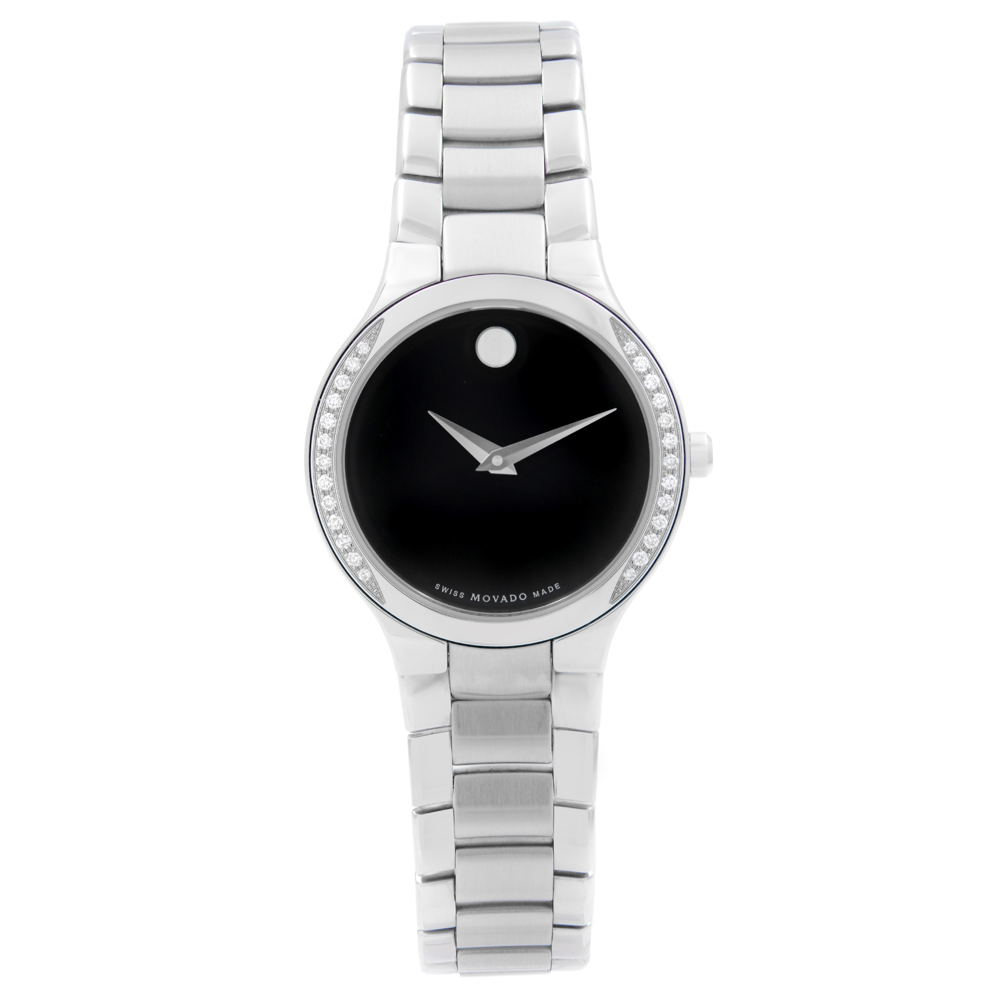 An image of a new and unworn Movado women's wristwatch in a dress/formal style, presented in a front full frontal view. It features a round stainless steel case with a steel-colored bezel adorned with diamonds The watch has a black dial with the iconic Movado dot at the 12 o'clock position and silver-tone hands. The band is made of stainless steel with a bracelet design. The watch is centered and occupies the majority of the frame, showcasing its elegant design and details clearly.