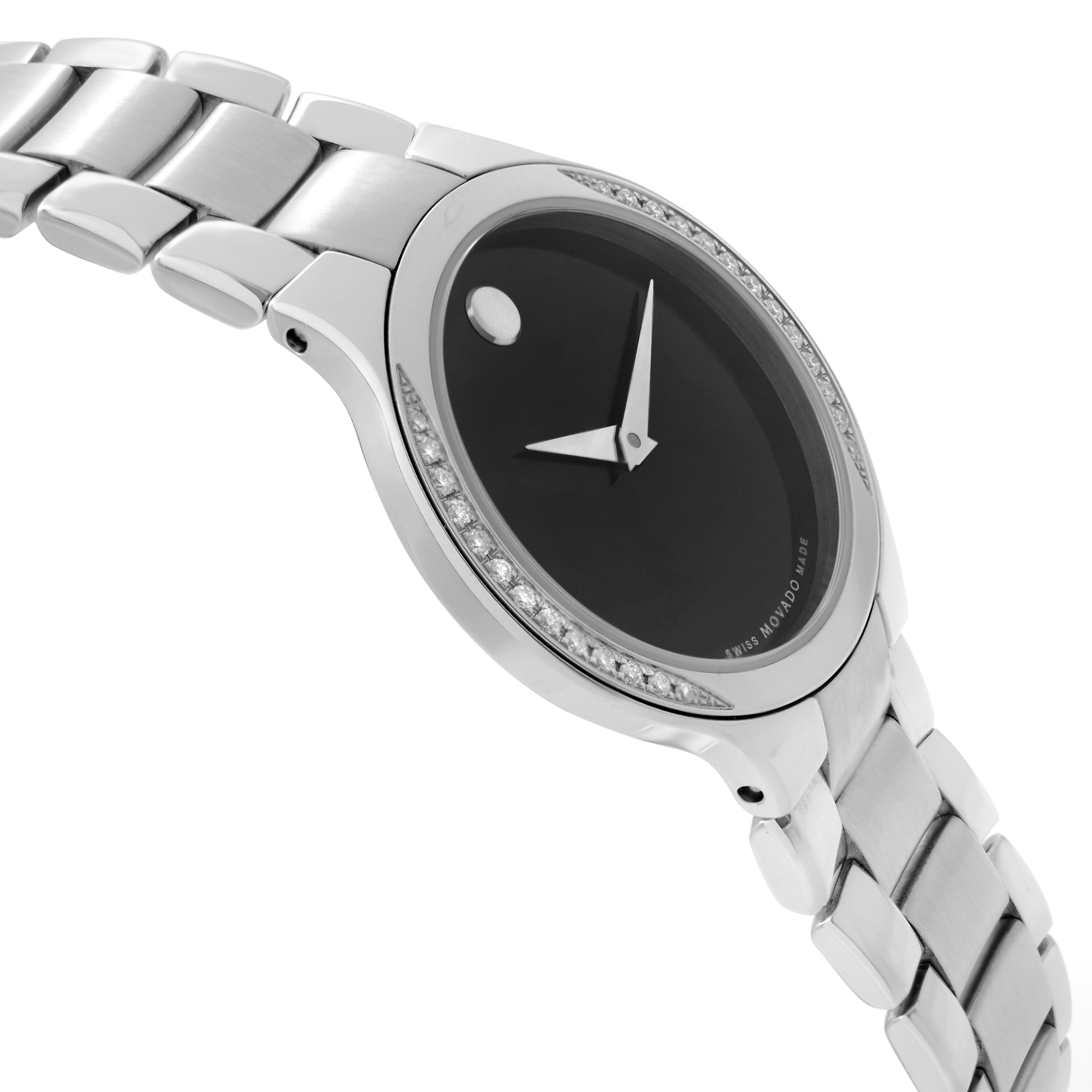 An image of a new, unworn Movado women's dress wristwatch with a side profile view opposite of the crown. The watch features a round, black dial and a stainless steel bezel adorned with diamonds. It has a stainless steel band and case, displayed at a close distance, with a focus on the upper half of the watch to show the detail of the bezel and band.