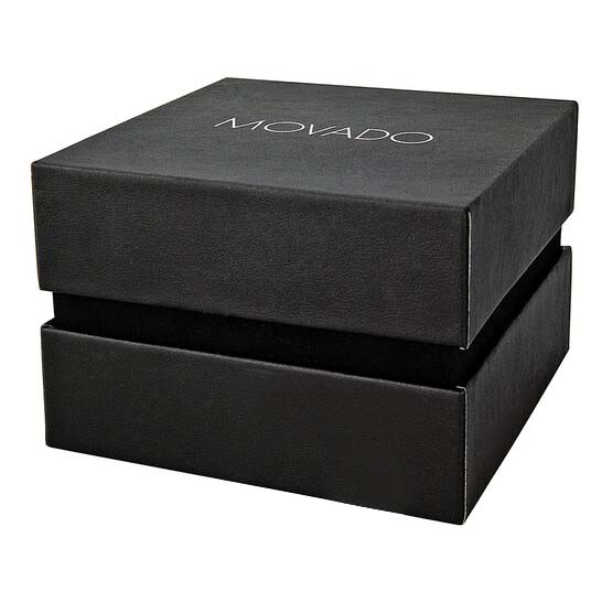 An image of aMovado watch boxes against a plain background. The boxes is made of a textured black material, and the Movado brand name is printed in white on the top of the upper box. The photo is taken from a close, front angle, showcasing the brand and the quality of the packaging. No watch is visible in the image.