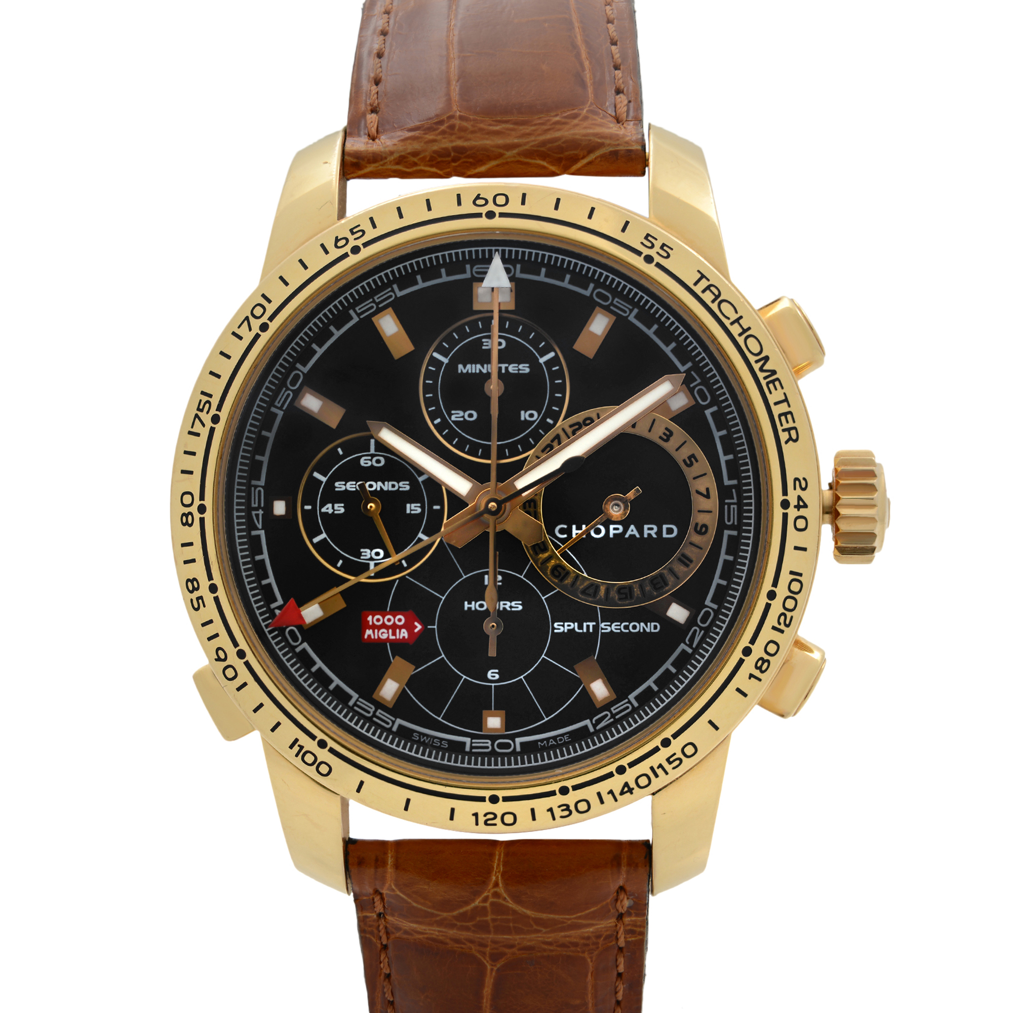 An image of a pre-owned Chopard men's wristwatch, positioned upright with a front-facing angle. The watch features a yellow gold case and a brown leather strap. The black dial includes a chronograph, date indicator, luminous hands, and a small seconds subdial, all visible at close range.