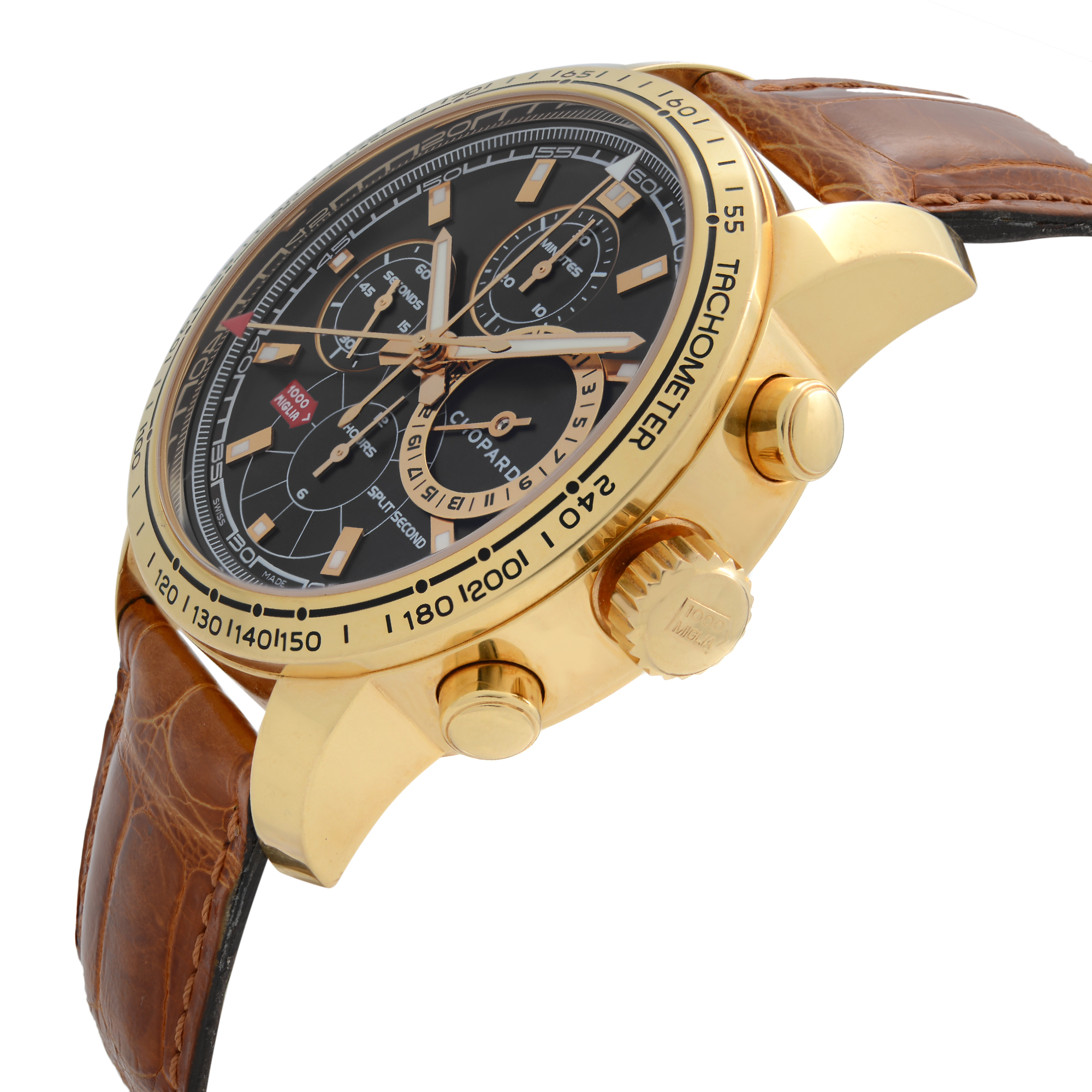 An image of a pre-owned Chopard men's wristwatch featuring a chronograph, date indicator, luminous hands, and a small seconds subdial. The watch is positioned at a slight angle, showcasing its gold-tone case and brown leather strap. The photograph is taken from a close distance, highlighting the intricate details on the black dial and the side buttons.