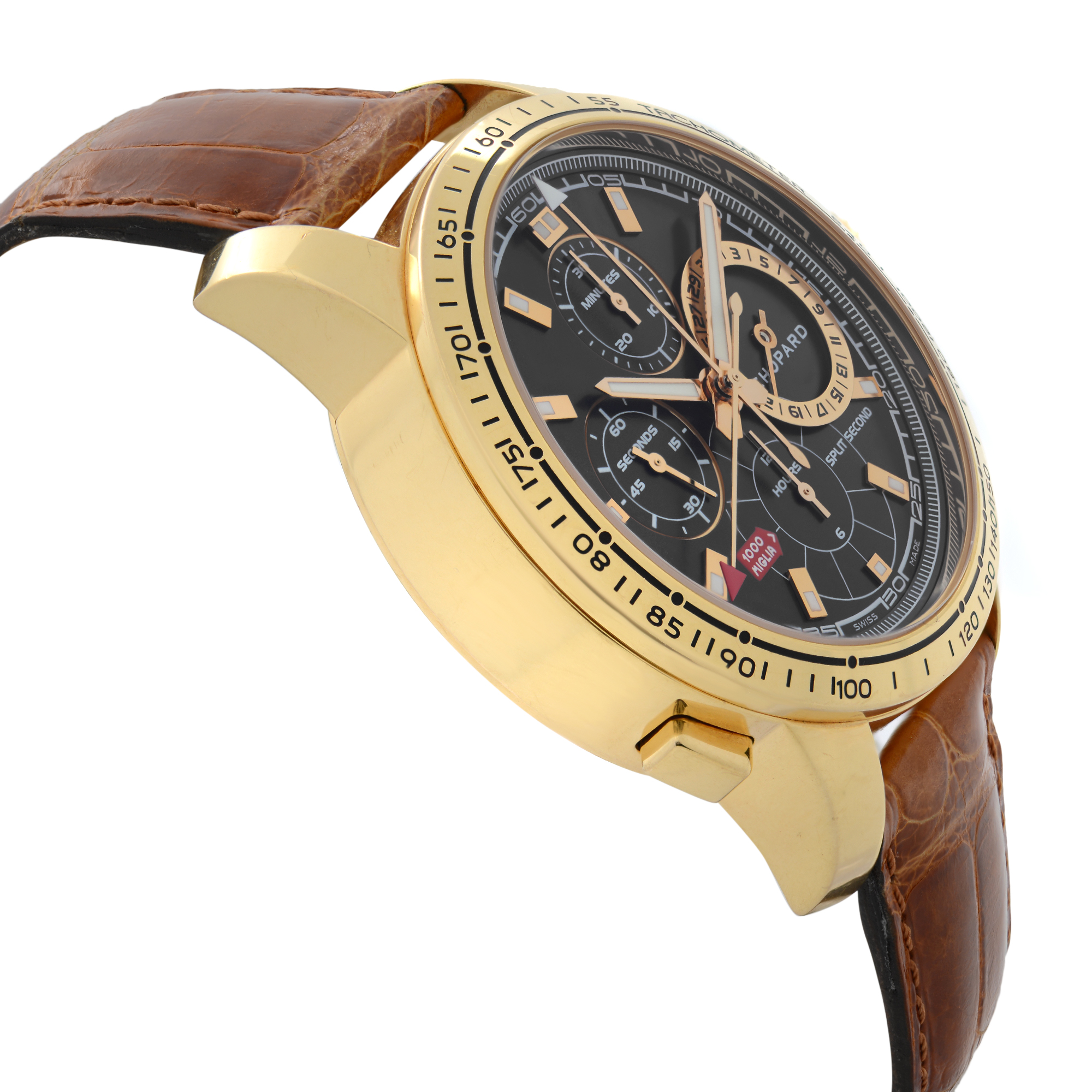 An image of a pre-owned Chopard men's wristwatch, positioned at a slight angle from the side, showcasing the gold-tone case and brown leather strap. The watch features a black dial with chronograph functions, a date indicator, luminous hands, and a small seconds subdial, captured from a close distance.