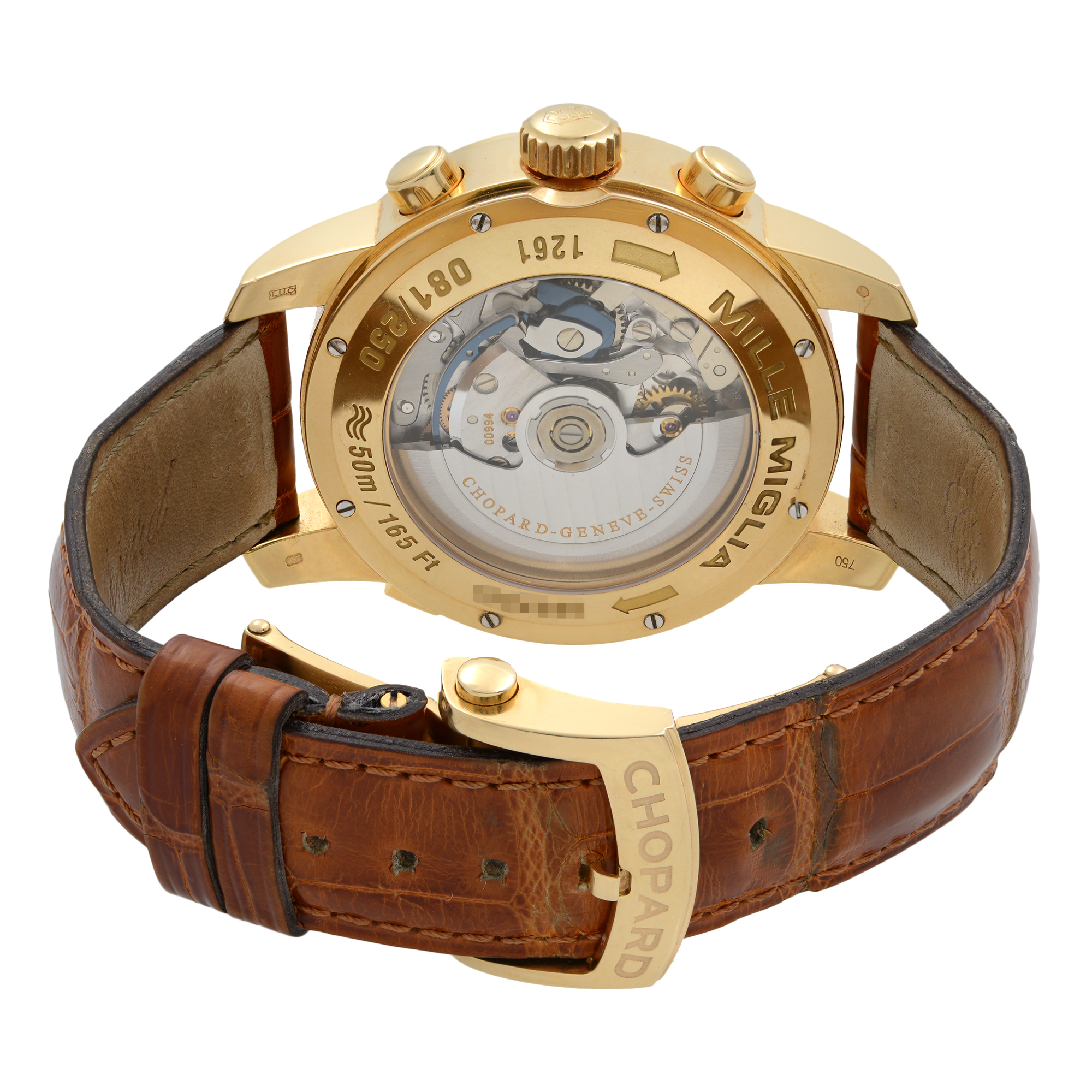 An image of a pre-owned men's Chopard wristwatch viewed from the back at a close angle. The watch features a gold case with visible chronograph buttons and a transparent back showcasing the intricate mechanical movement. The brown leather strap is partially visible, and the Chopard branding is engraved on the clasp.