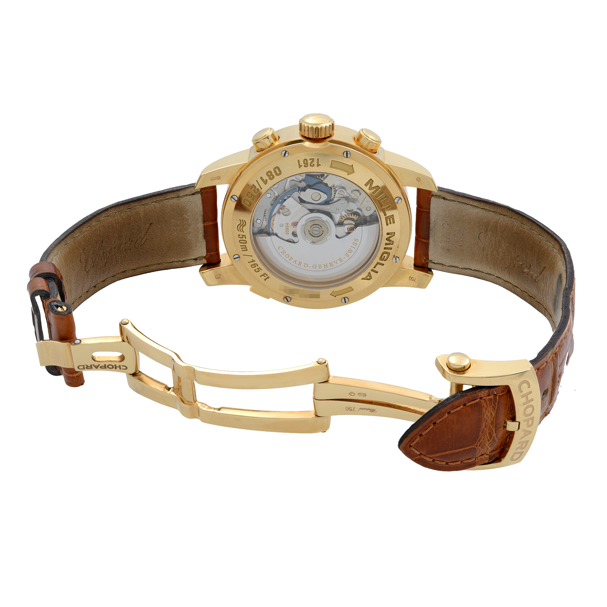 An image of a pre-owned men's Chopard wristwatch, viewed from the back at a slight angle. The image shows the watch's open, brown leather strap and gold clasp, displaying the detailed inner workings through a transparent case back. The watch features a chronograph, date indicator, luminous hands, and a small seconds subdial. The angle highlights the intricate mechanics and branding on the clasp, captured from a close distance.