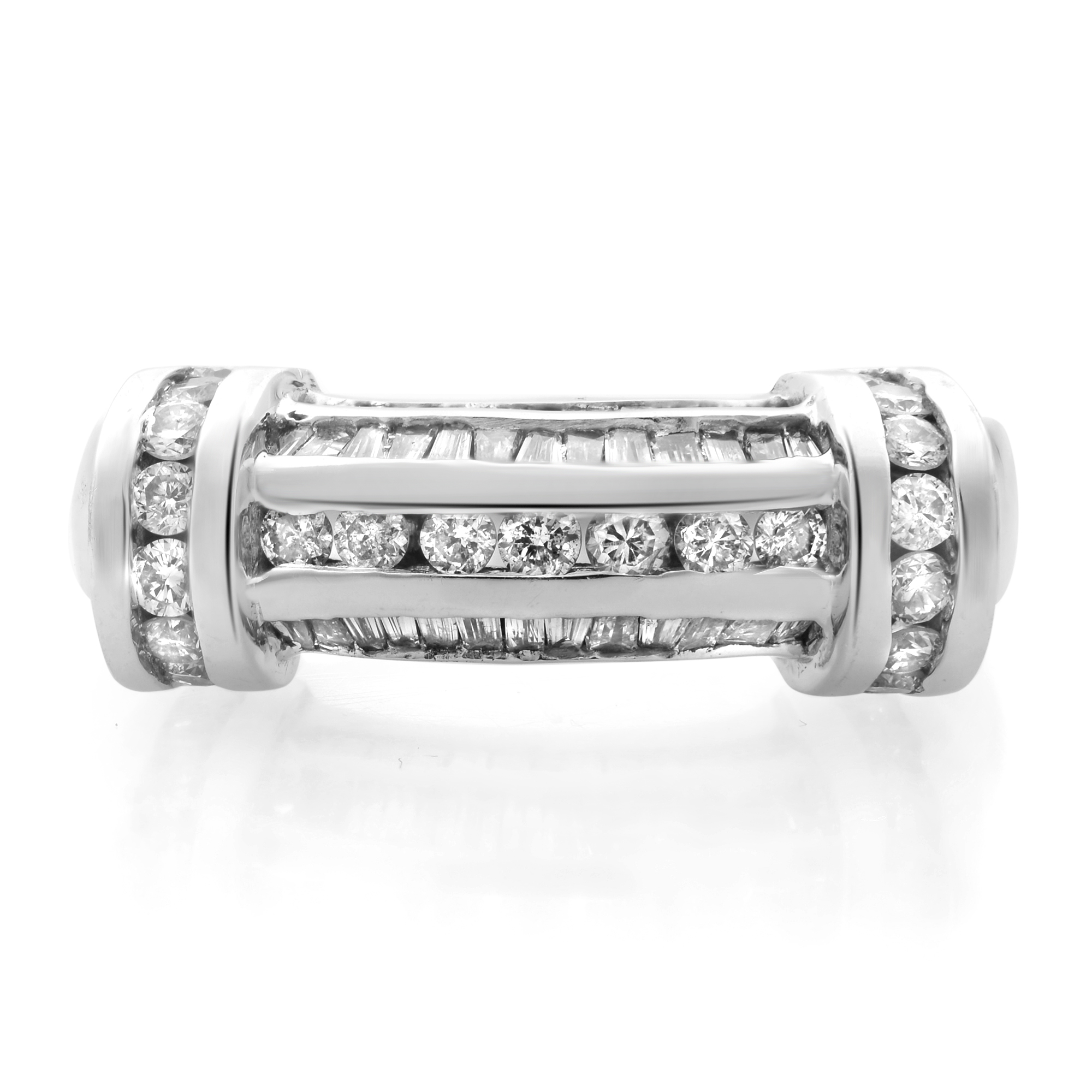 An image of a Rachel Koen women's ring with diamonds, displayed on a white background. The ring is centered and shown in a horizontal orientation, occupying the middle portion of the frame. The design features a band with a row of larger round-cut diamonds flanked by two rows of smaller diamonds, all set in a polished white gold band. The view is a close-up, highlighting the sparkle and intricate setting of the diamonds. The ring is pre owned in a great condition. 