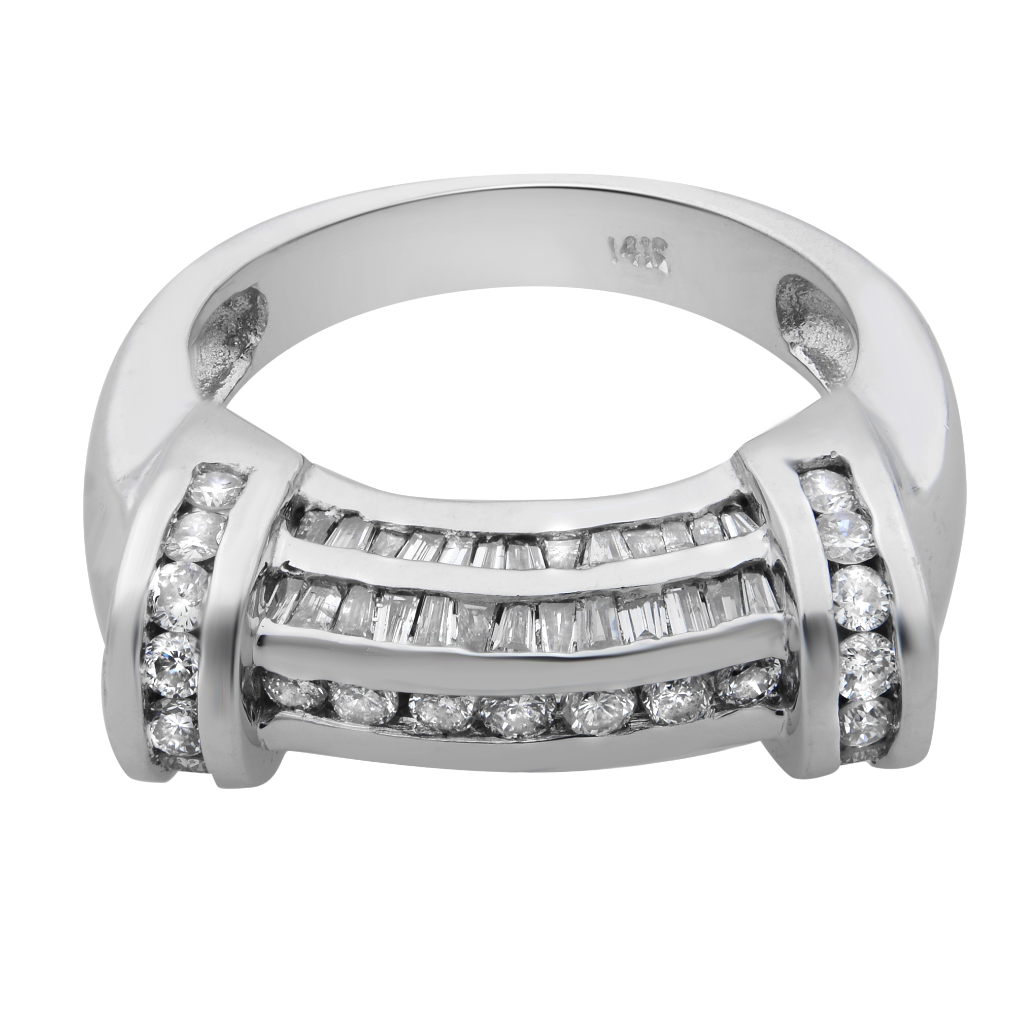 An image of a Rachel Koen brand women's ring with diamonds, displayed in a close-up front view with a slight tilt to show the ring's depth. The ring features a shiny white gold band with a row of baguette-cut diamonds flanked by rounds of brilliant-cut diamonds, all set in a channel setting. The craftsmanship is visible, highlighting the sparkle and precision of the diamond cuts. The image is taken from a distance that clearly showcases the ring's design and the diamonds' arrangement.The ring is pre owned in a great condition.