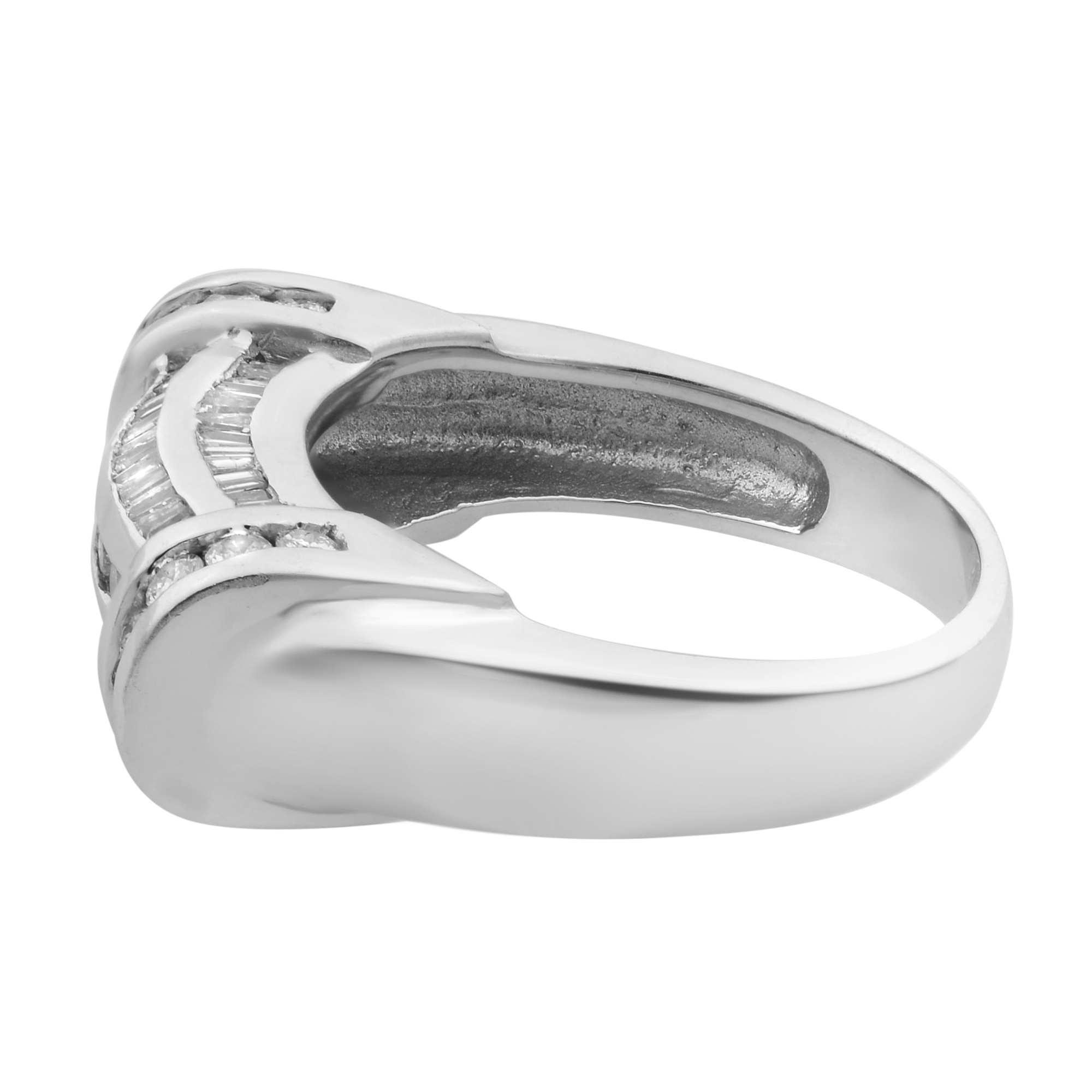 An image of a Rachel Koen brand ring for women, featuring diamonds. The ring is displayed at a slight angle, focusing on the side with a close-up view that shows the band's lustrous finish and the embedded diamonds' sparkle. The band curves elegantly, with a gap that highlights its unique design. The diamonds are set in a linear fashion, catching the light and providing a contrast to the polished white gold. The image is taken from a medium distance, providing a clear view of the ring's details while maintaining its overall shape and design.The ring is pre owned in a great condition.