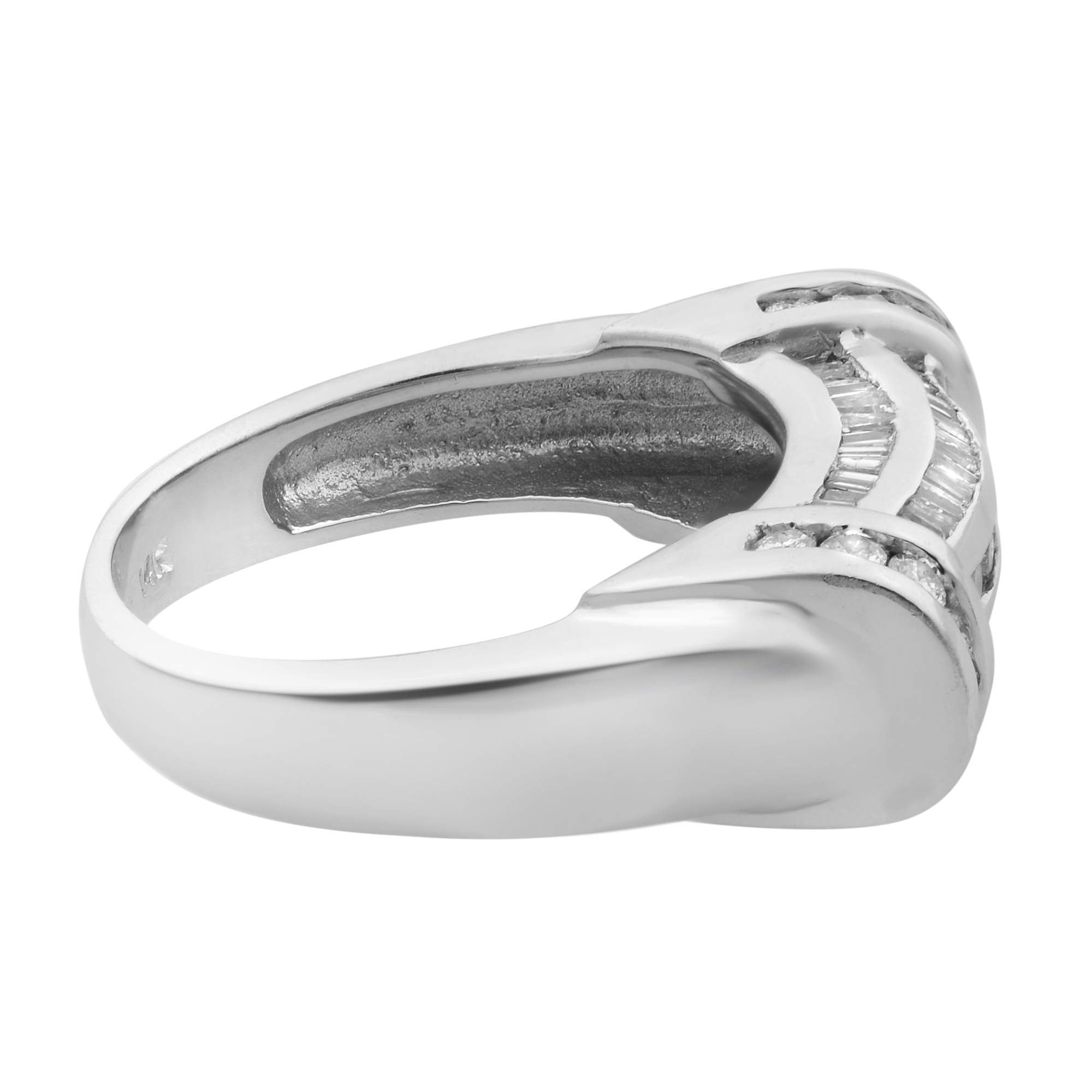 An image of a Rachel Koen women's ring with diamonds, showcased in a close-up side view. The ring, captured at a slightly angled position, features a polished white gold band with a unique twist design. Multiple small diamonds are embedded along the top curve of the band, glistening against the metallic sheen. The focus and lighting emphasize the ring's intricate details and the sparkle of the diamonds.The ring is pre owned in a great condition.