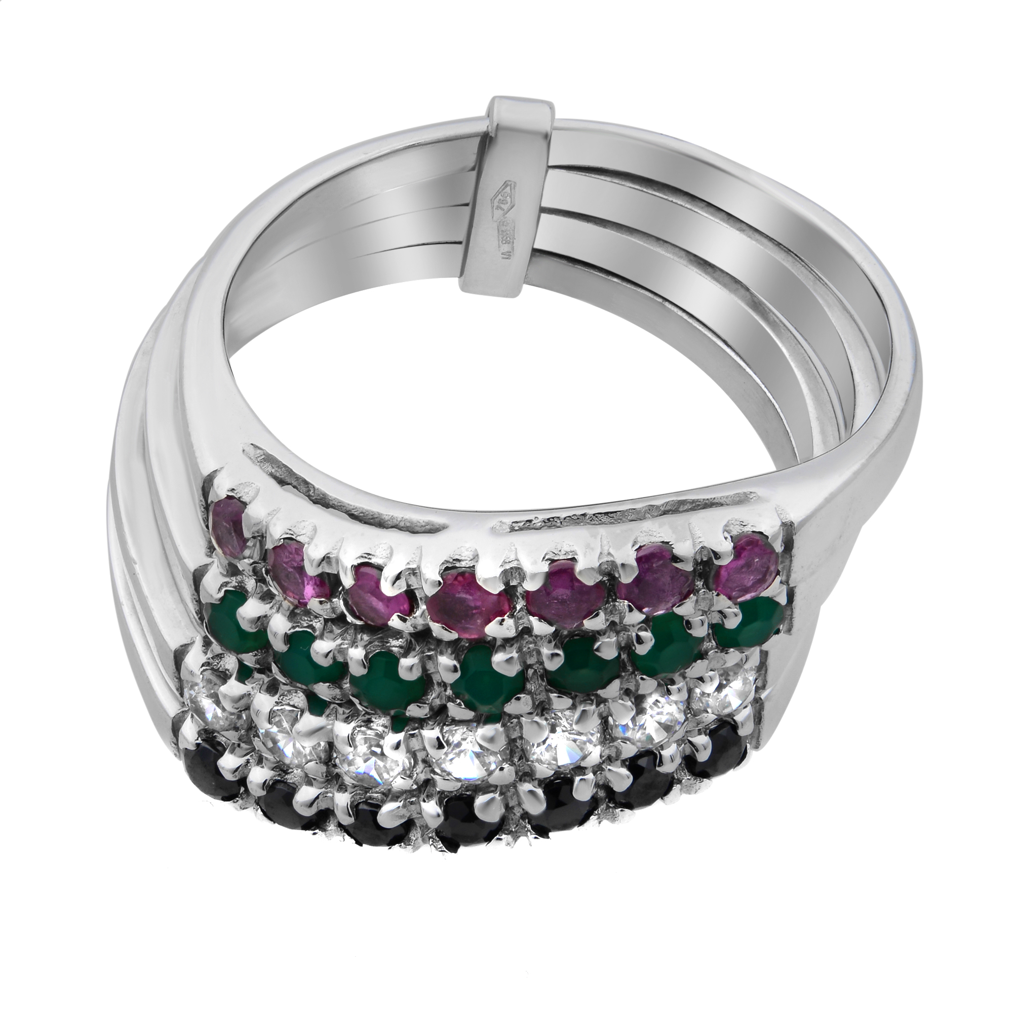 Top view of a four band ring showcasing seven prong set ruby, emerald, diamond and sapphire studded in white gold bands held together with a clip on the band in white gold