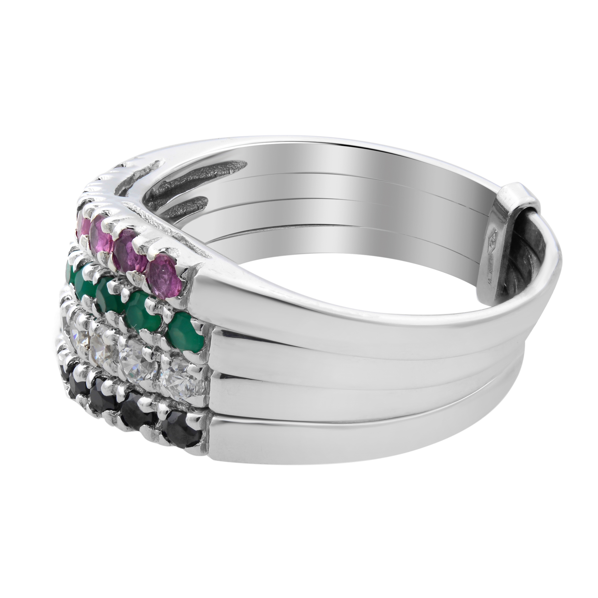 Right view of the four band ring showcasing the side of four bands studded with diamond and gemstones with a back clip holding all the bands in white gold