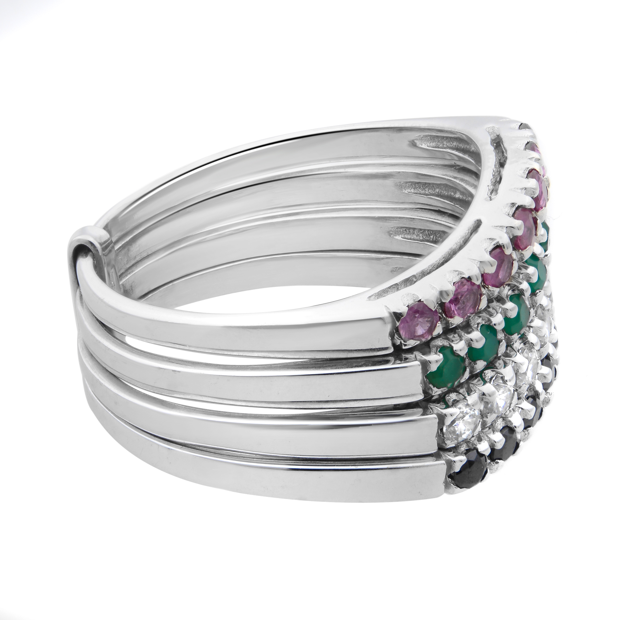 Left view of the four band ring showcasing the side of four bands studded with diamond and gemstones with a back clip holding all the bands in white gold