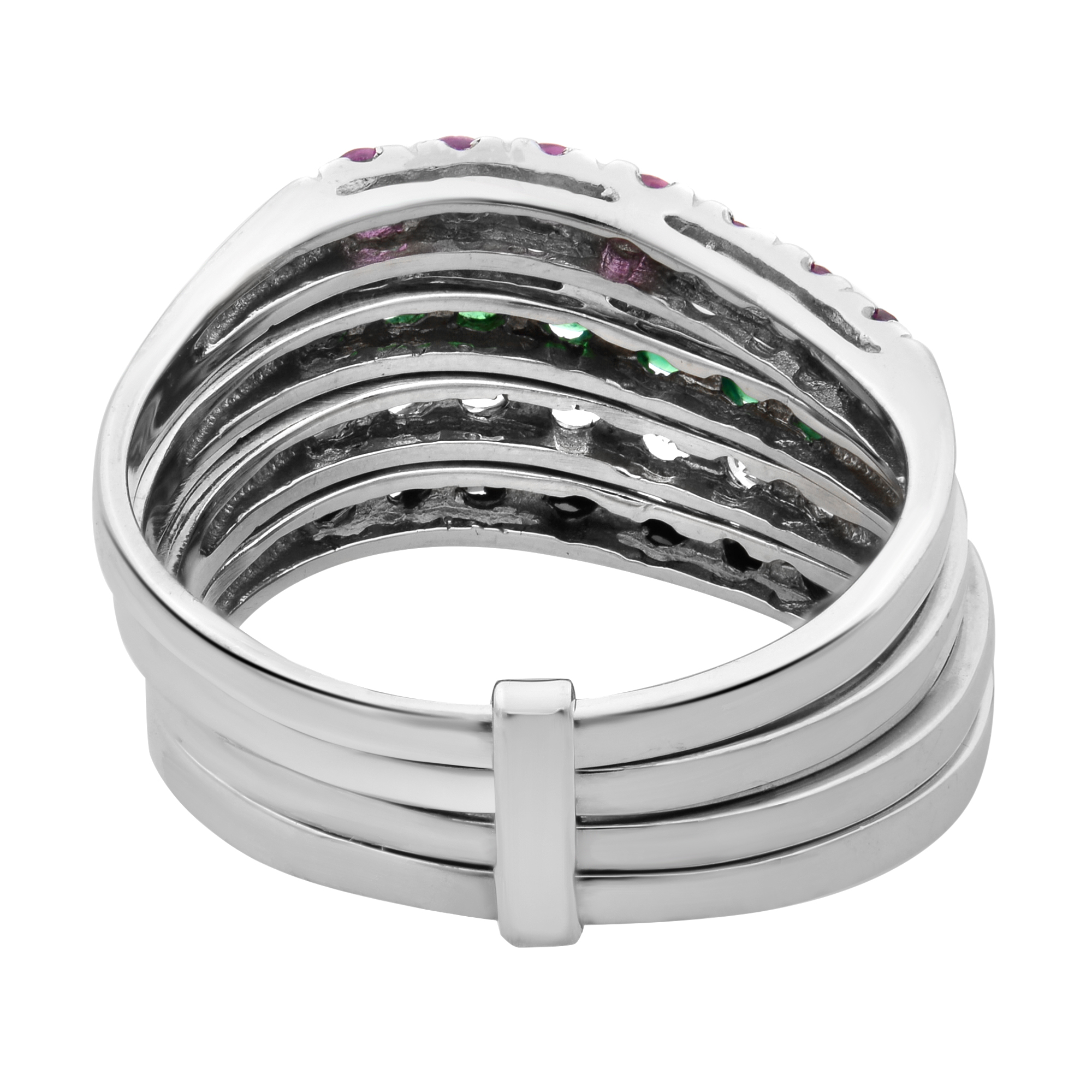 Back view of the ring bands showing the stone setting from behind with the four bands held together by a clip in white gold