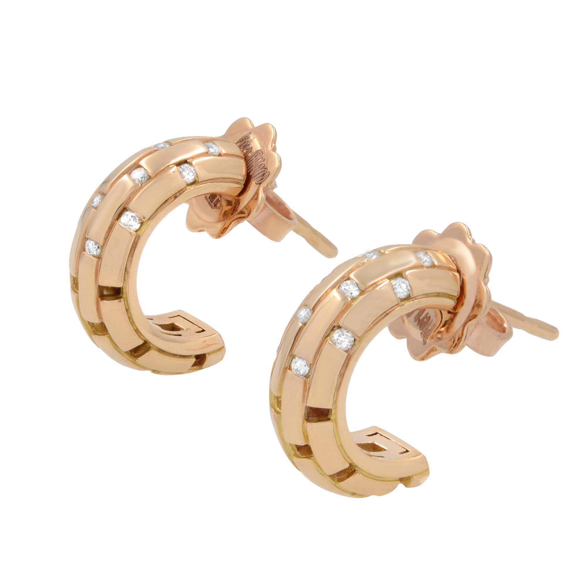 An image of a pair of Piero Milano women's huggie earrings with diamonds, displaying a front-facing view. The earrings are crafted in a rose gold and feature a curved huggie design. They are set with multiple small, round-cut diamonds evenly spaced along the outer edge. The earrings are positioned parallel to each other with a slight angle, showcasing the sparkle of the diamonds. The image is taken from a close distance to capture the intricate details of the earring's design and the diamonds' placement.