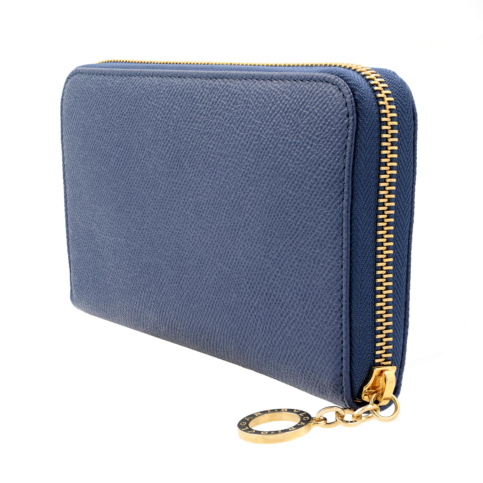 Bvlgari Indigo Topaz Bright Grain Calf Leather Zip Around Ladies