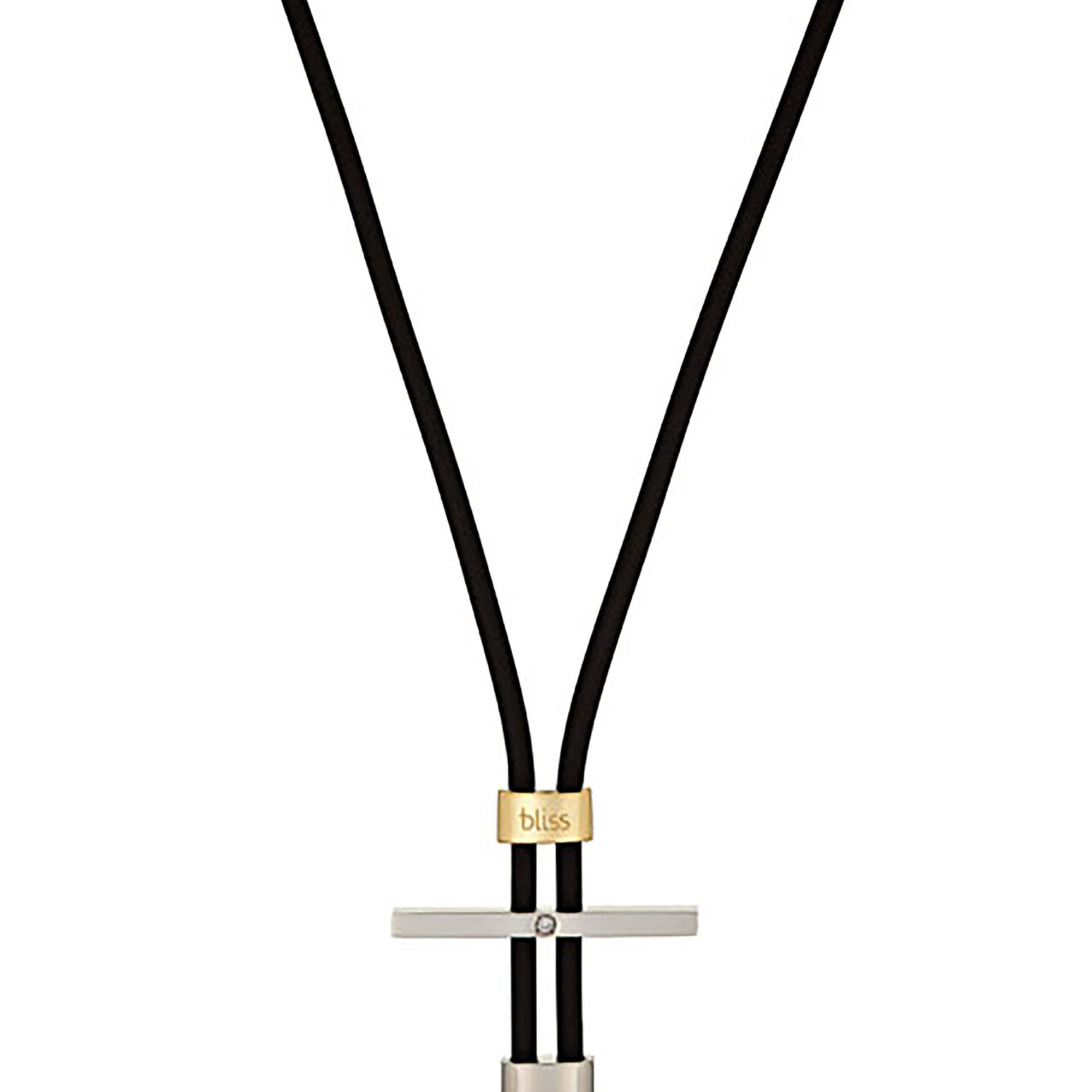 An image of a women's necklace by Bliss by Damiani Mistral featuring diamonds. The necklace is shown from a front view at a close distance, highlighting the central pendant with a diamond accent. The necklace has two black cords that meet at a yellow gold clasp, engraved with the word "bliss," and a horizontal stainless steel bar beneath it.