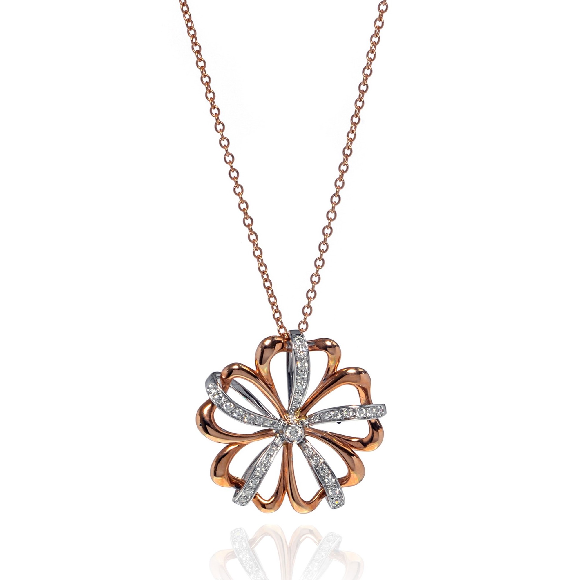 An image of a new Luca Carati women's necklace with diamonds, displayed frontally at a close distance. The necklace features a rose gold chain and a pendant with a flower-like design, showcasing a mix of polished rose gold petals and white gold diamond-encrusted thin petals that intersect at the center. The pendant is centered and shown at a straight angle, with a clear reflection on the surface beneath it.