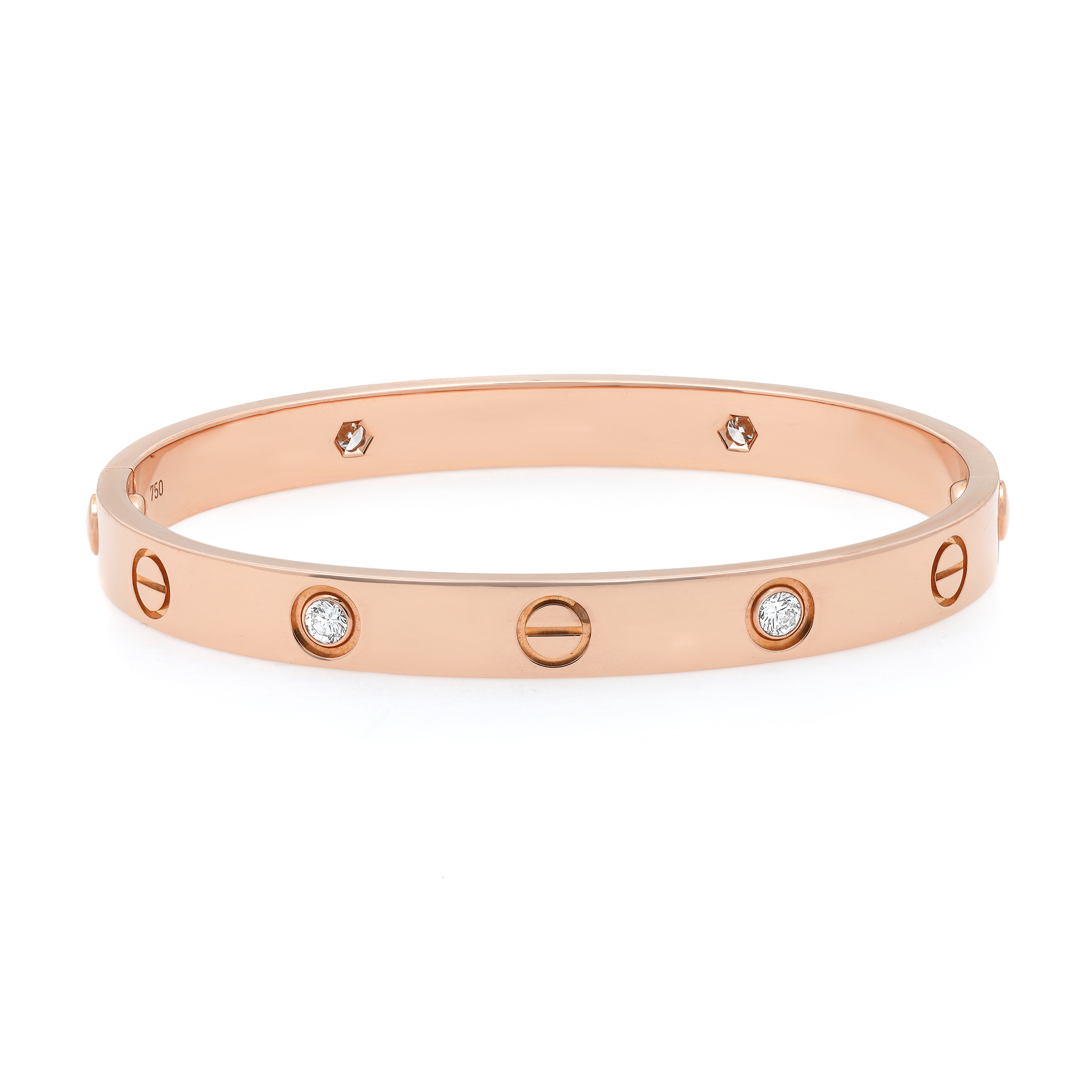 An image of a Cartier women's love bracelet with diamonds, showcased in a close-up, front-facing view against a white background. The bracelet is made in rose gold and features a sleek, circular bracelet design with evenly spaced, decorative screw motifs. At two opposing points on the band, brilliant-cut diamonds are prominently set, capturing the light and adding a luxurious sparkle. The brand's signature and hallmark are subtly inscribed on the outer surface of the bracelet. The photograph is taken from a straight-on angle, ensuring that the details of the diamonds and the iconic design are clearly visible. Comes in a great preowned condition.