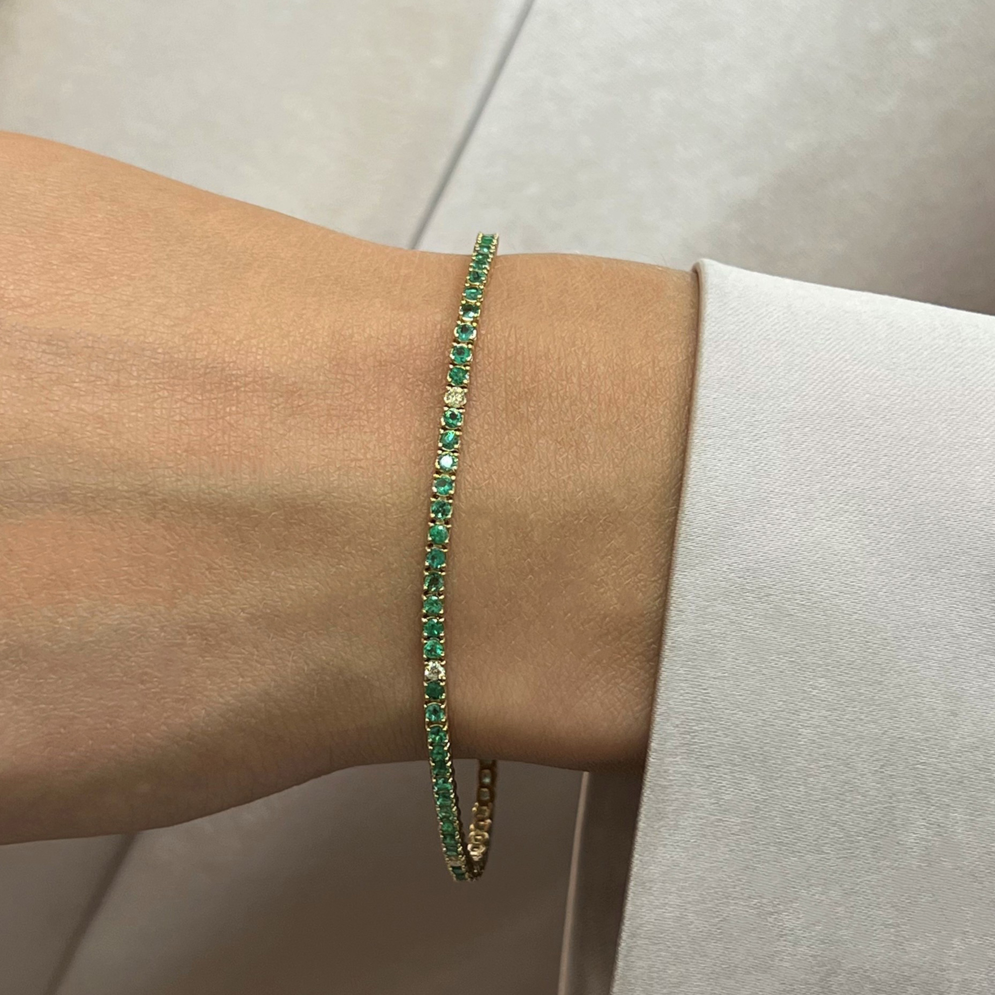 Green Emerald & Diamond Tennis Bracelet 14K Yellow Gold 7