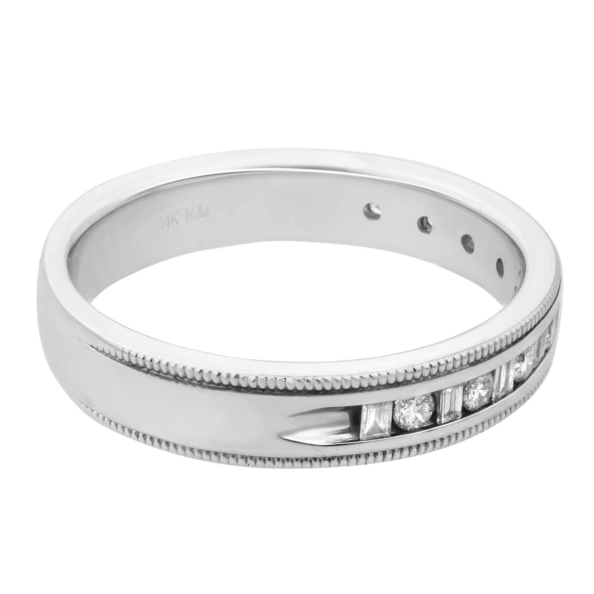 An image of a Rachel Koen women's ring with diamonds, shown in a close-up side view with a slight tilt. The ring features a polished white gold band with a row of channel-set diamonds along its center, bordered by delicate milgrain detailing. The 14K gold hallmark is visible on the inner side of the band, indicating the metal purity. The image is taken from a mid-distance, providing a clear view of the ring's design details.The ring is pre-owned in a great condition. 