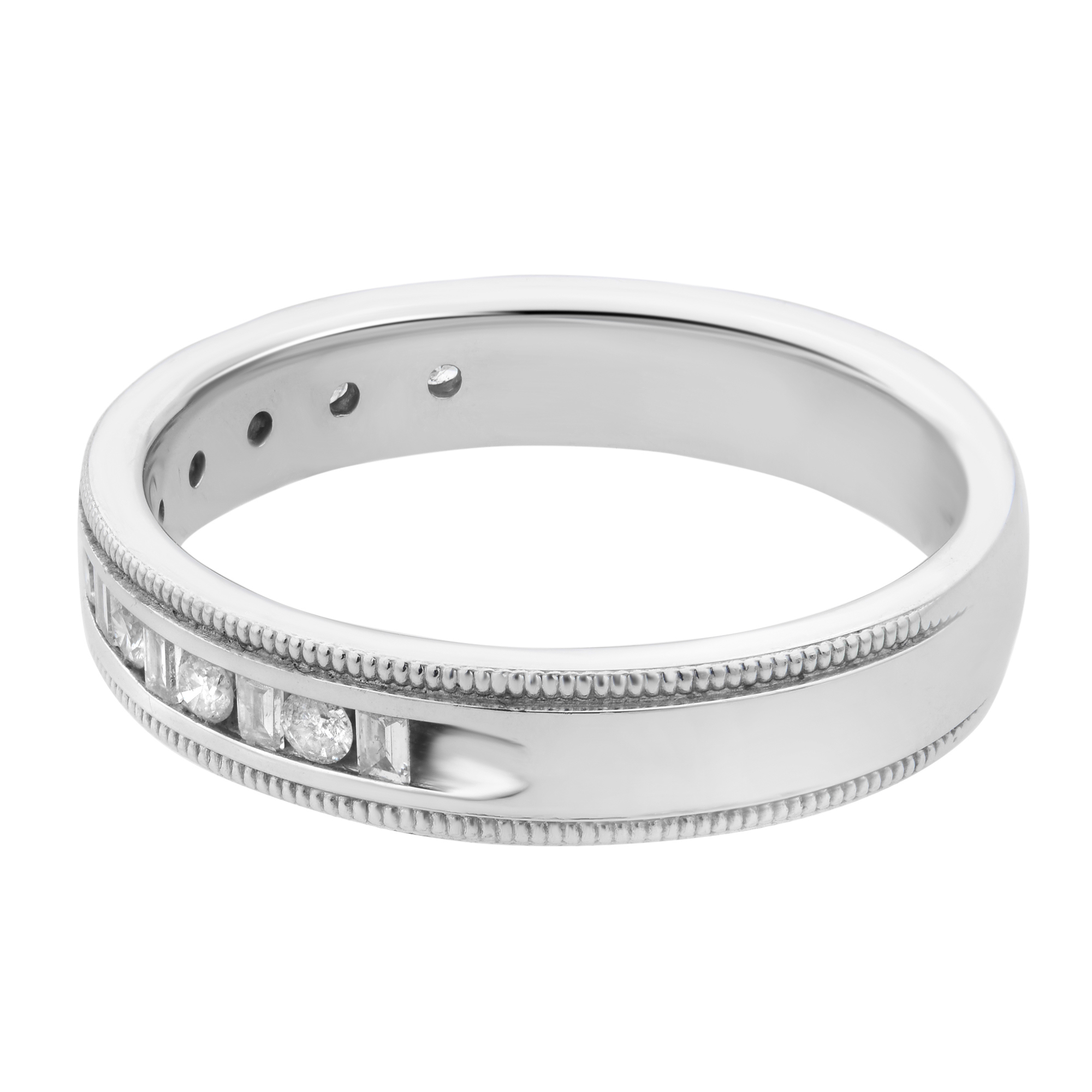An image of a Rachel Koen women's ring with diamonds, captured in a close-up side view. The ring is positioned horizontally across the frame with a slight tilt, showcasing a central band of inset diamonds bordered by detailed milgrain edging. The metal band is polished, reflecting light, and the diamonds are visible on the top half of the ring, indicating a half-eternity style.The ring is pre-owned in a great condition. 