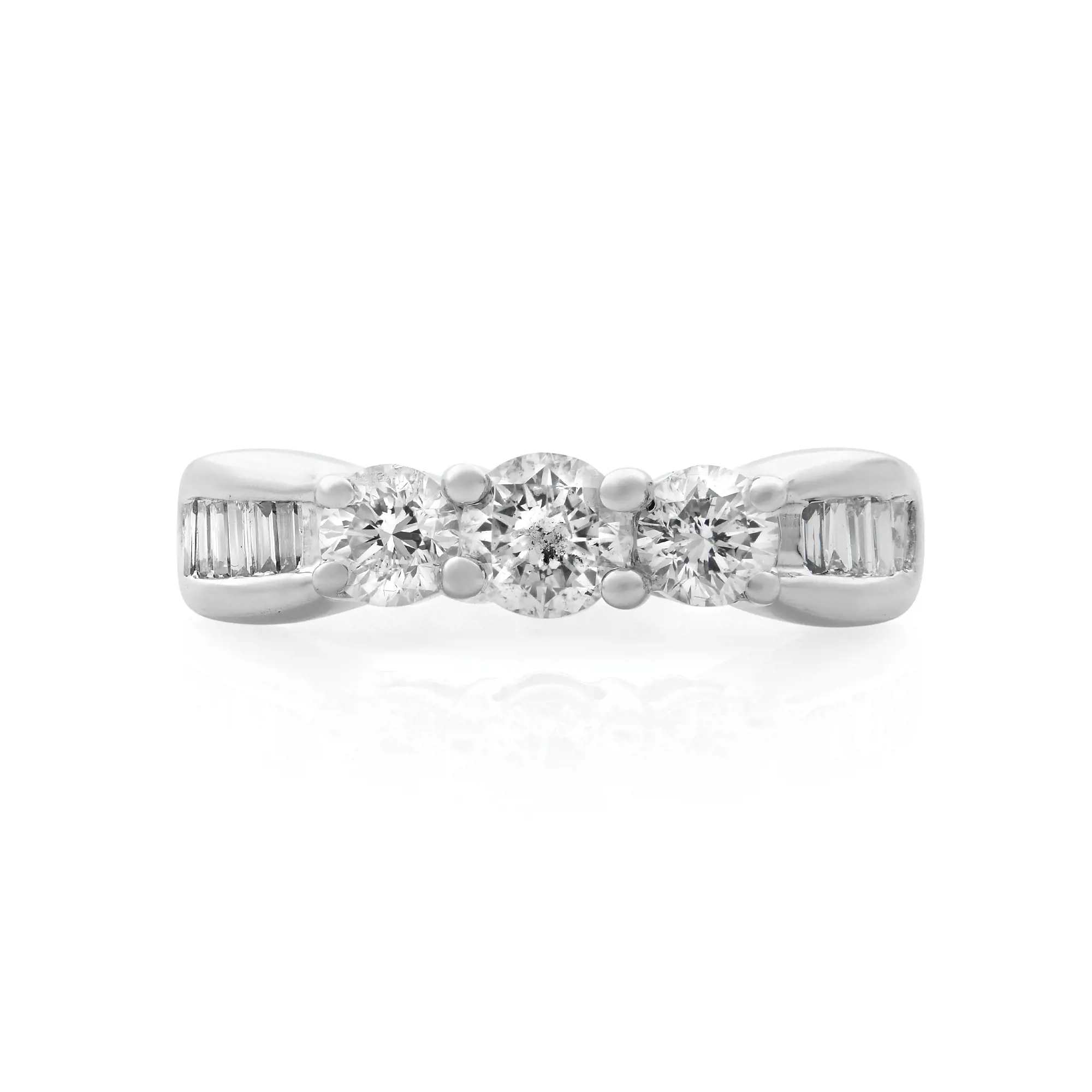 An image of a women's Rachel Koen brand ring with diamonds, displayed frontally at a close distance. The ring features a central round brilliant-cut diamond flanked by two smaller round diamonds and two baguette-cut diamonds on each side, all set in a polished white gold band. The view is head-on, showing the ring's symmetry and the sparkling facets of the diamonds. The ring is pre-owned in a great condition. 