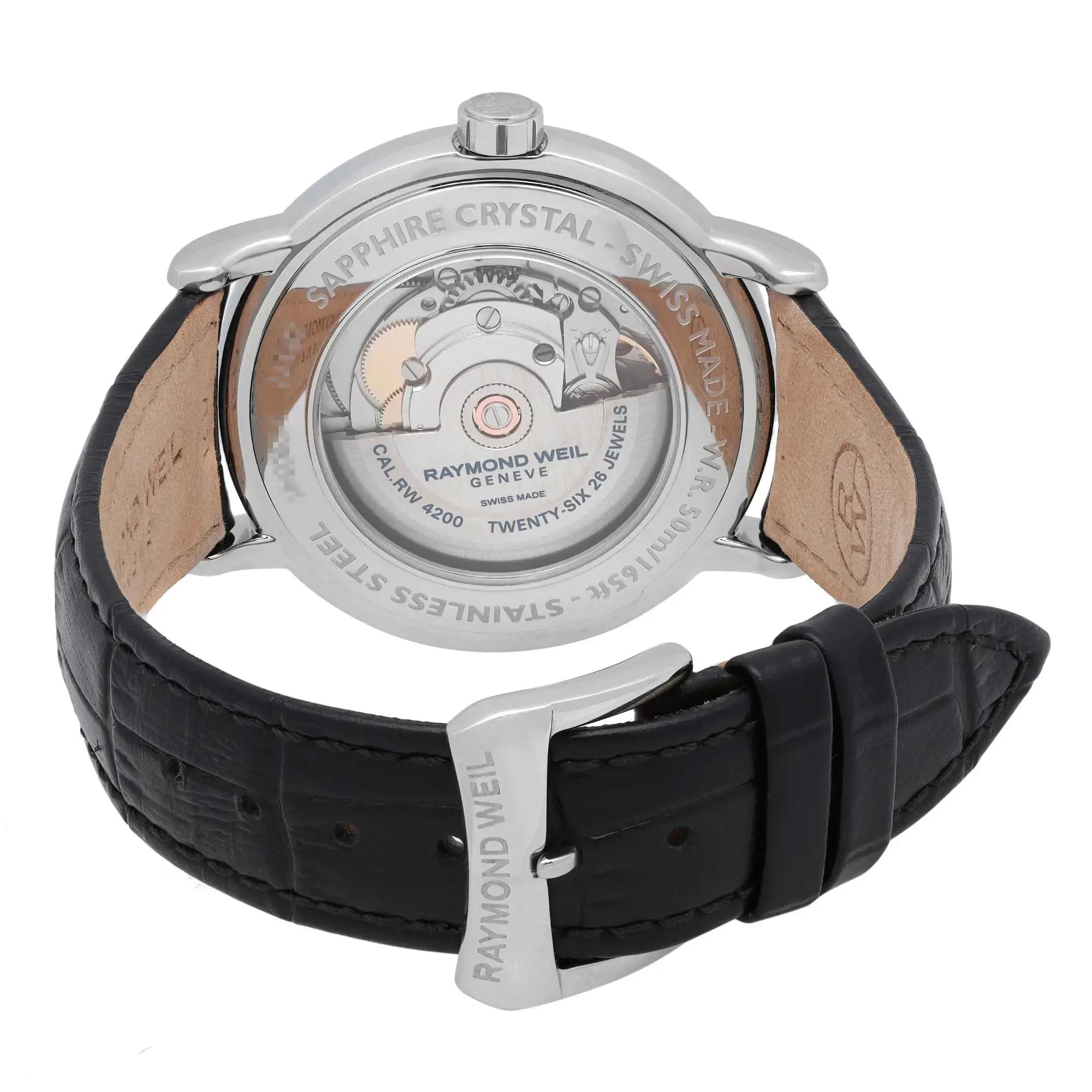 An image of a Wristwatch by RAYMOND WEIL. This Pre Owned item is designed for Men, featuring a Dress/Formal style. It has a Mechanical (Automatic) movement and an Analog display with a Silver dial color. The indices include 12-Hour Dial,Roman Numerals. The band is made of Leather and the case is made of Stainless Steel. The watch has a Round shape with a case size of 39 mm and a case thickness of 10 mm.