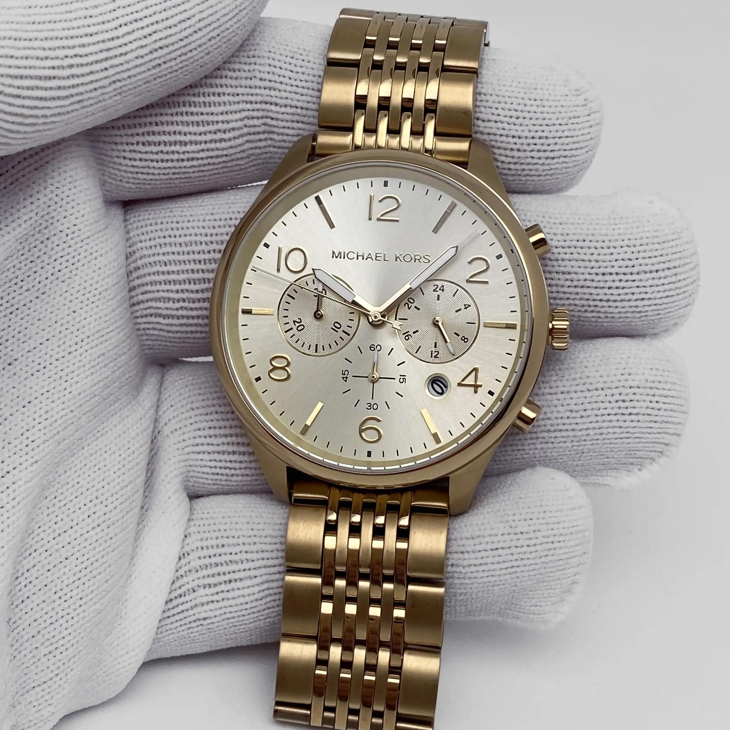 ギアクロック（ゴールド） Michael Kors Merrick Chronograph Steel 42mm Gold Dial Quartz Mens