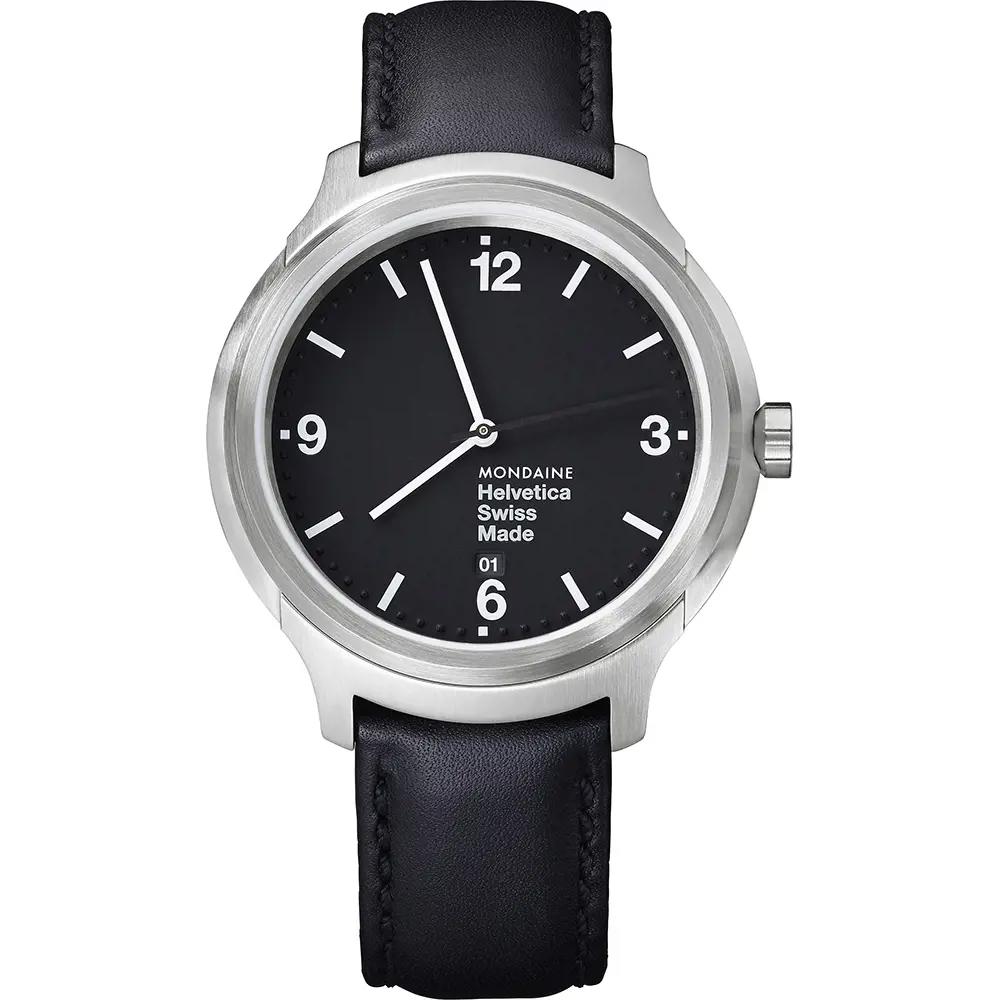 An image of a Wristwatch by Mondaine. This Display Model item is designed for Men, featuring a Casual,Classic,Dress/Formal style. It has a Quartz movement and an Analog display with a Black dial color. The indices include 12-Hour Dial,Non-Numeric Hour Marks,Stick Indexes. The band is made of Leather and the case is made of Stainless Steel. The watch has a Round shape with a case size of 43 mm and a case thickness of 11 mm.