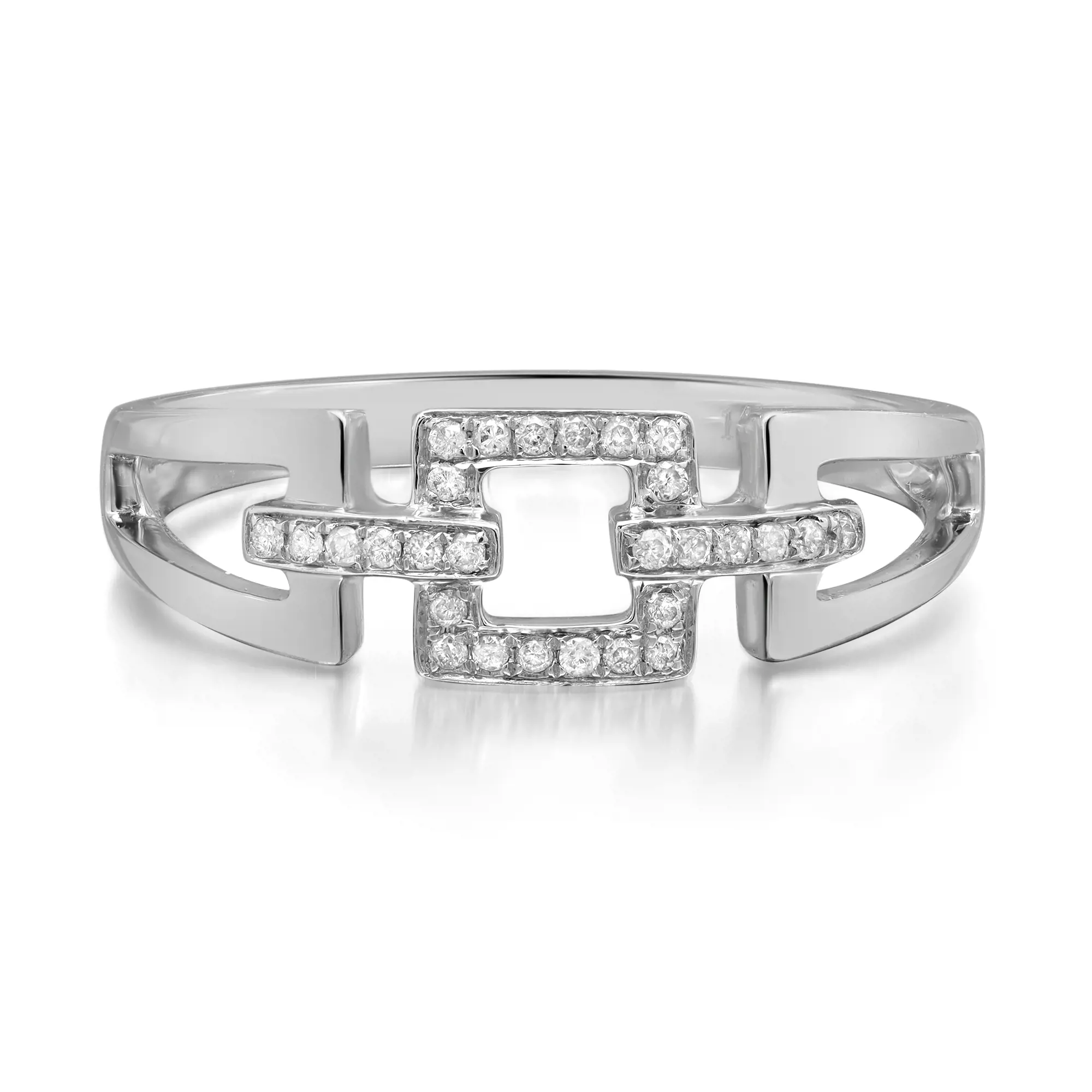 An image of a women's Rachel Koen brand ring with diamonds, displayed against a white background. The ring is centered and shown in close-up, providing a clear view of the design. It features a polished white gold band with a decorative element in the center, which is encrusted with small, round, sparkling diamonds arranged in a geometric pattern. The angle of the shot is head-on, allowing the intricate detailing and the shiny surfaces of both the diamonds and the metal to catch the light effectively. The distance is such that the entire ring is in focus, emphasizing the craftsmanship and the luxurious appearance of the piece.