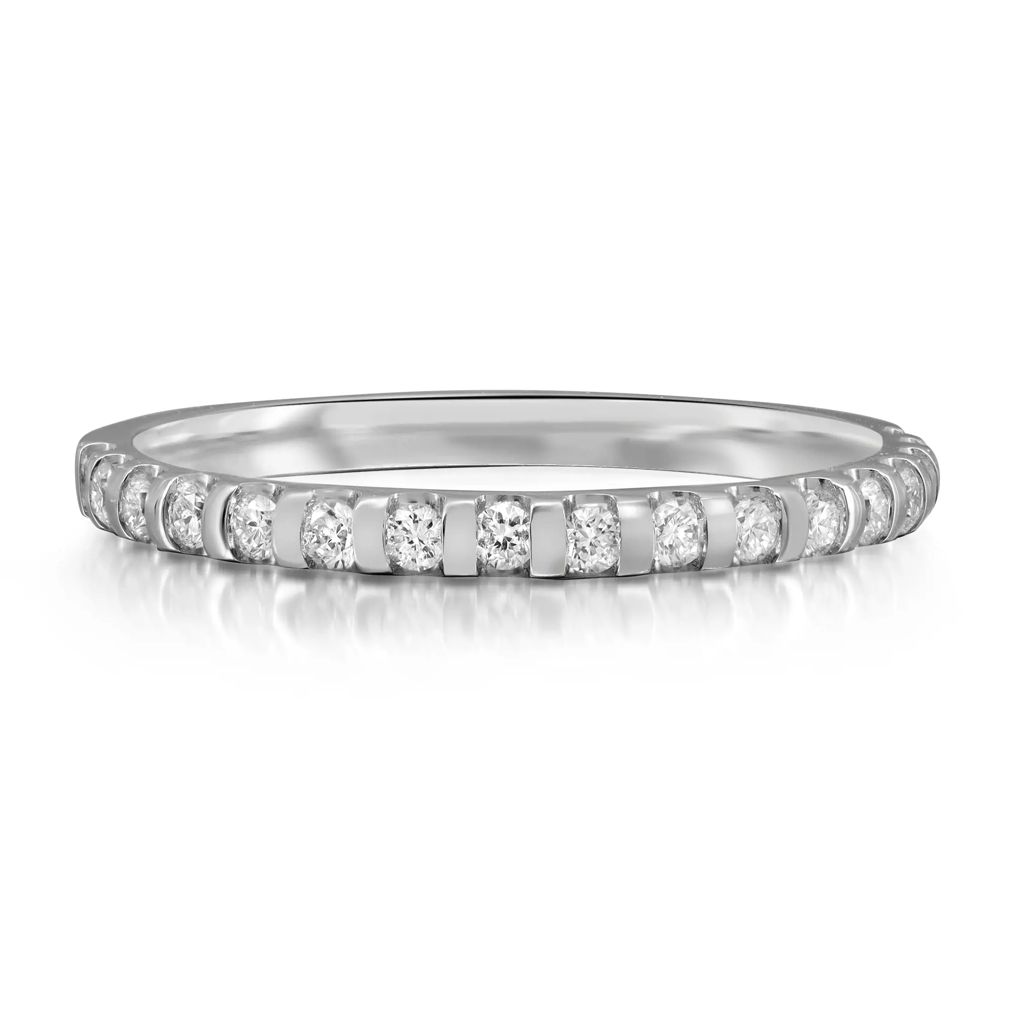 An image of a Rachel Koen women's wedding ring featuring a series of diamonds set in a continuous white gold band. The ring is displayed at a slight angle, capturing a side view that highlights the sparkle of the diamonds. The photo is taken at a close distance, focusing on the detailed craftsmanship and the seamless arrangement of the stones.