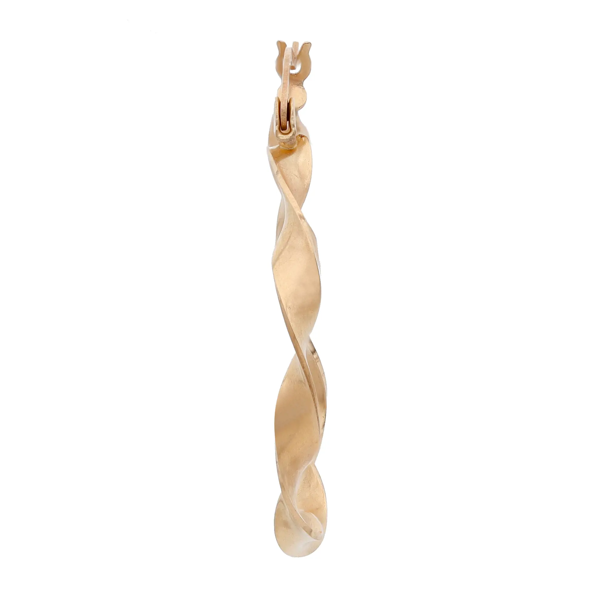 An image of a Rachel Koen women's earring without stones, captured from a side angle. The earring has a twisted design, appearing elongated and sleek. The photograph is taken at a close distance, highlighting the smooth, yellow gold finish and intricate spiral shape.Excellent pre-owned condition. 