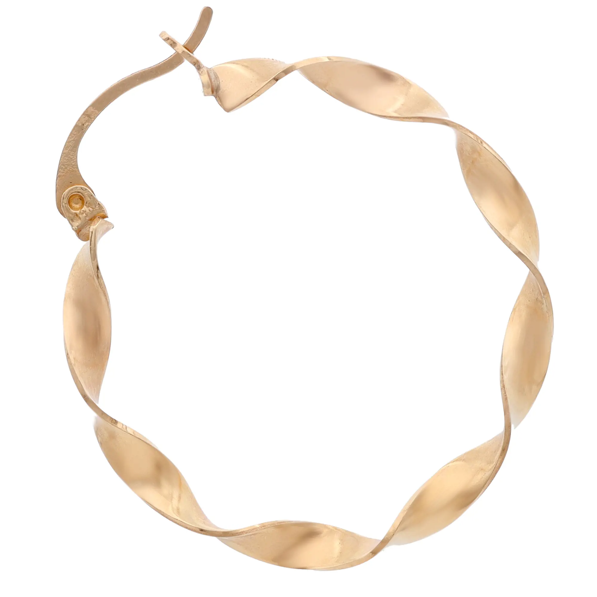 An image of a women's earring without stones, designed by Rachel Koen. The earring is a twisted hoop, viewed from a top angle, showing its elegant spiral design. The photo is taken at close range, highlighting the smooth and polished yellow gold surface.Excellent pre-owned condition. 
